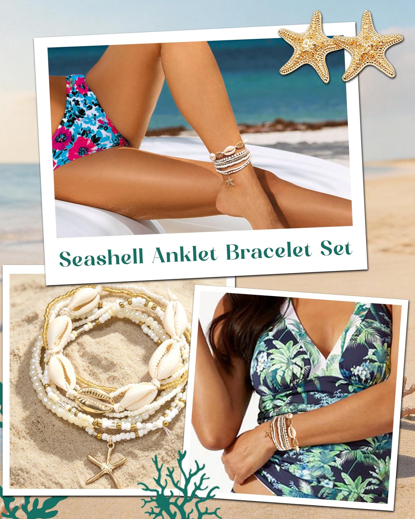 Tiwindx 14 Pcs Seashell Starfish Jewelry Set for Women Stackable Anklets Bracelets Starfish Waist Chain Earrings Necklace Summer Beach Jewelry