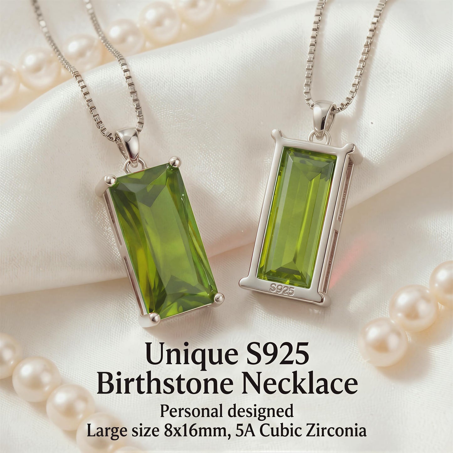 Kuschelkatze 8mm x 16mm Square August Birthstone Peridot Pendant Necklace – Fashion charming Sterling Silver Gift for women