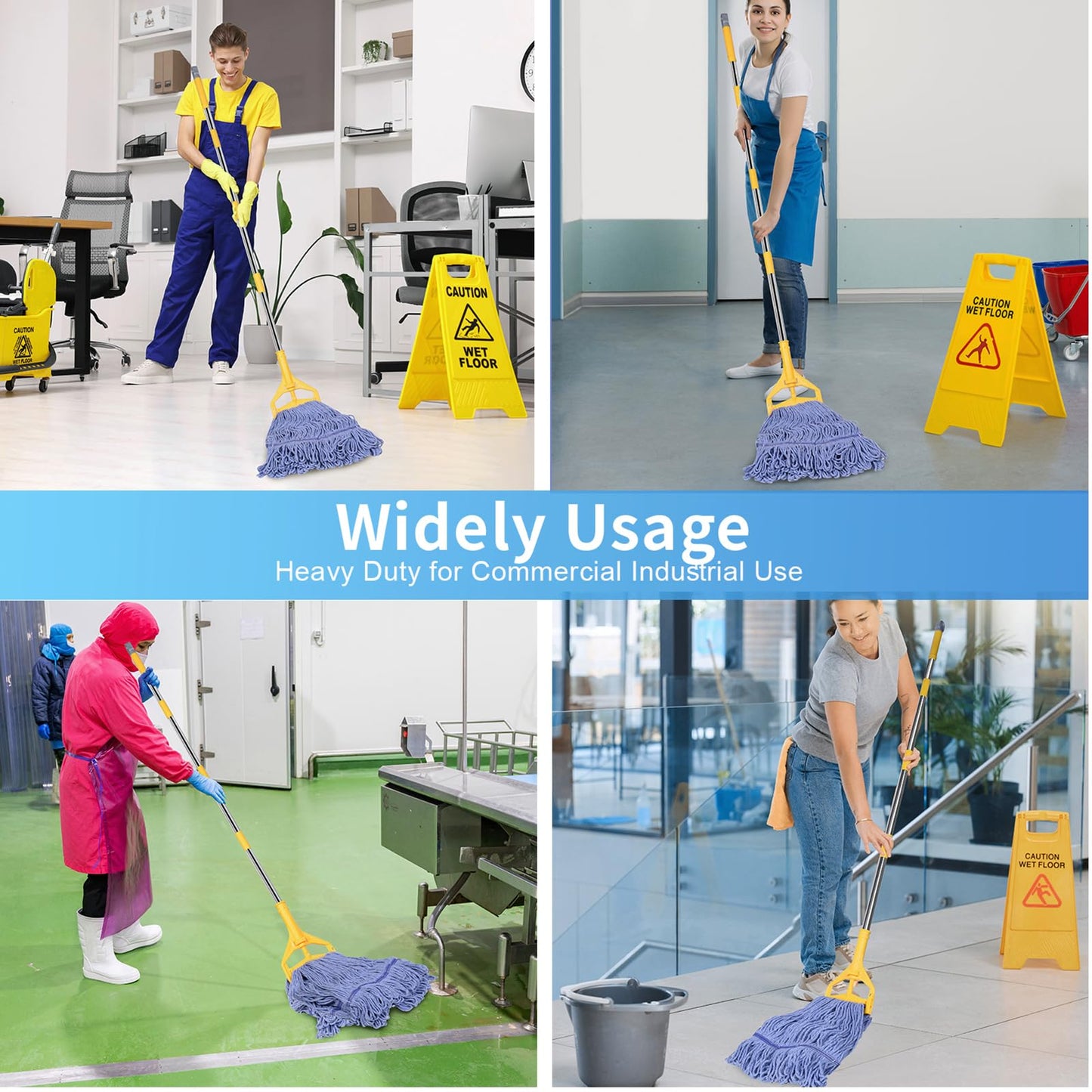 HiBaby Commercial Mop with Extra Head Replacement, 63Inch Handle Heavy Duty Industrial Mop Looped-End String Wet Mops for Floor Cleaning for Warehouse, Workshop, Garage, Office, Home (2 Mops Head)