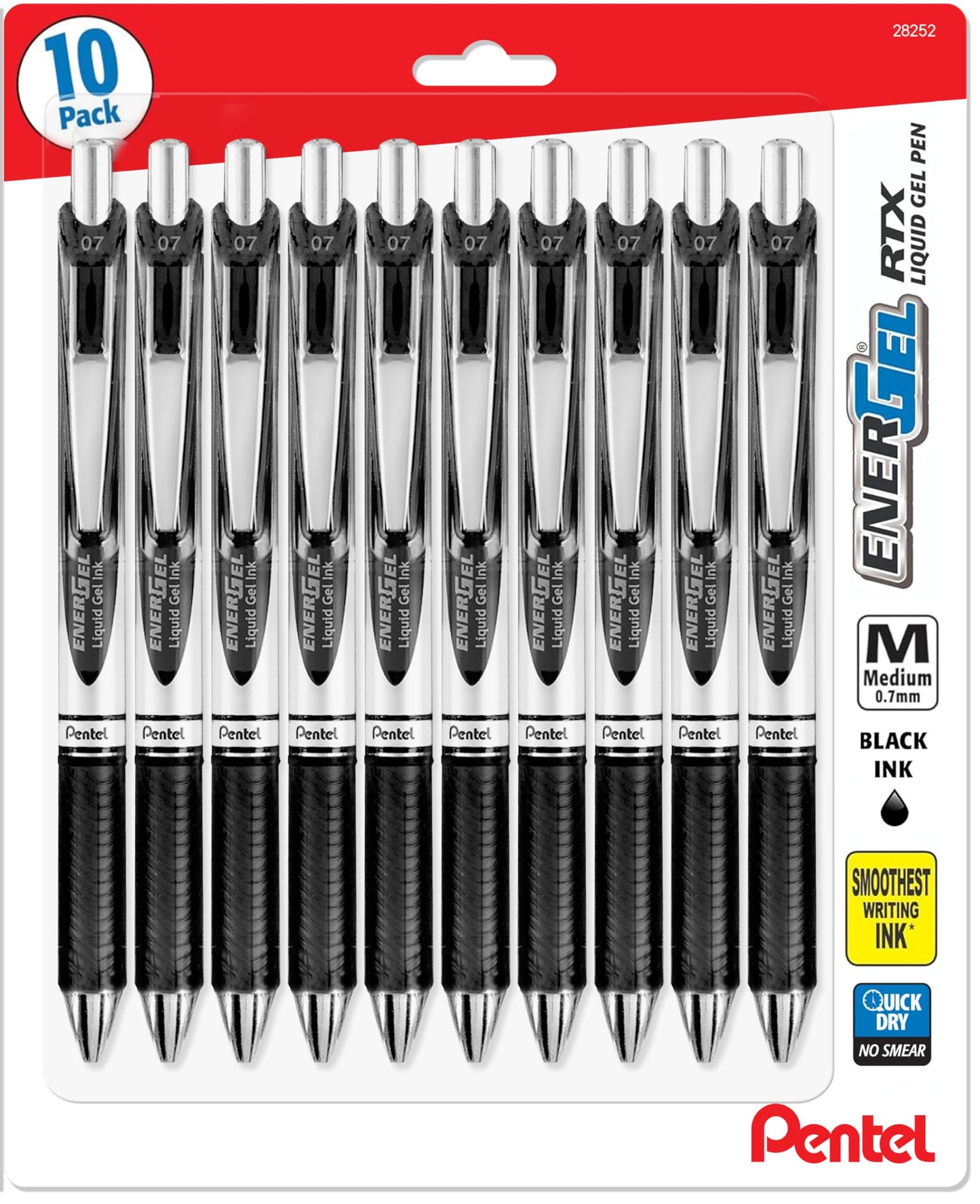 Pentel Energel 0.7 mm RTX Retractable Black Ink Pens - Medium Point, Metal Tip Pack of 10
