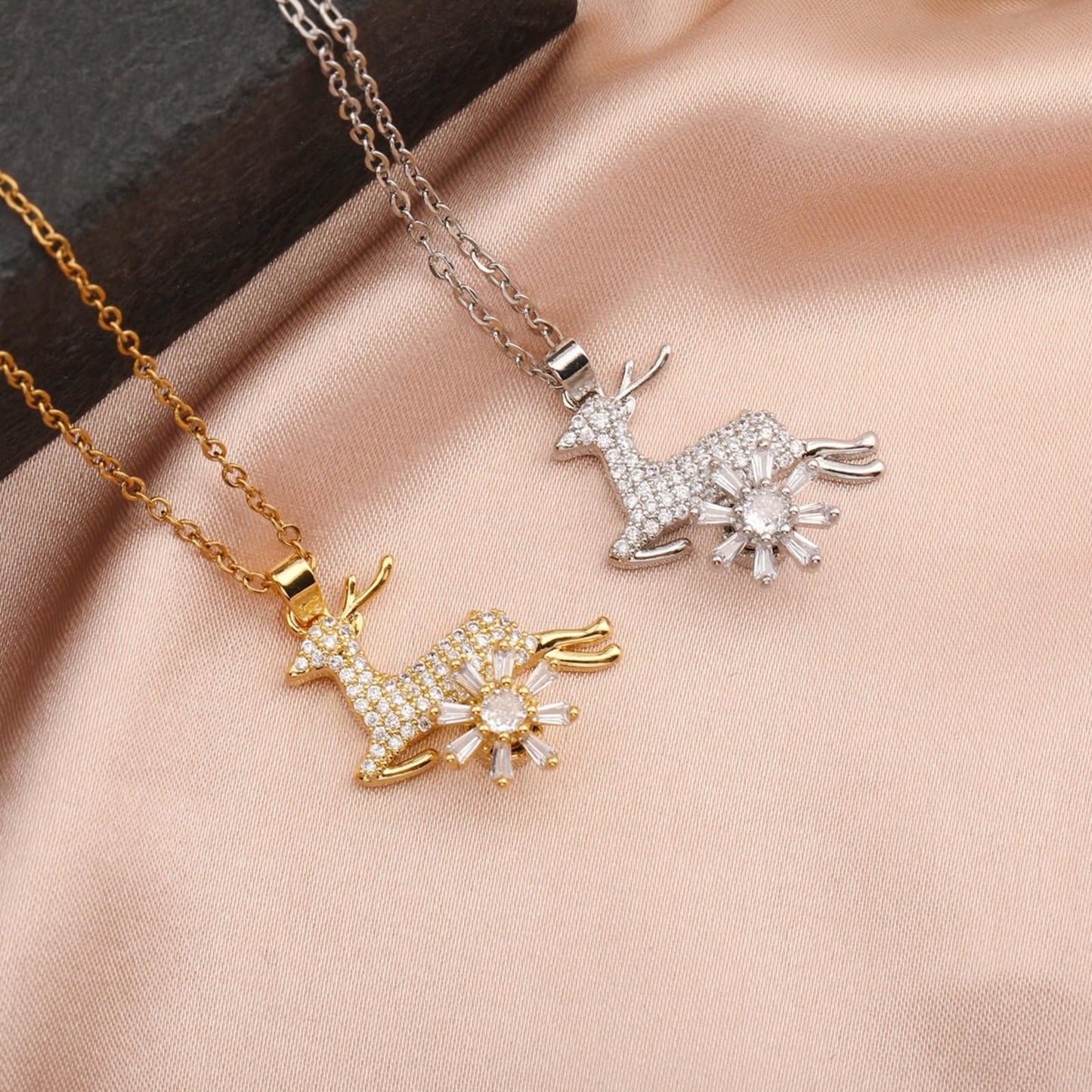 KONPJE Sunflower Fidget Necklace for Women Gold Moon Necklace Rotating Heart Necklaces Spinning Crystal Flower Anxiety Necklaces Crescent Moons Jewelry Accessories (Gold Deer)