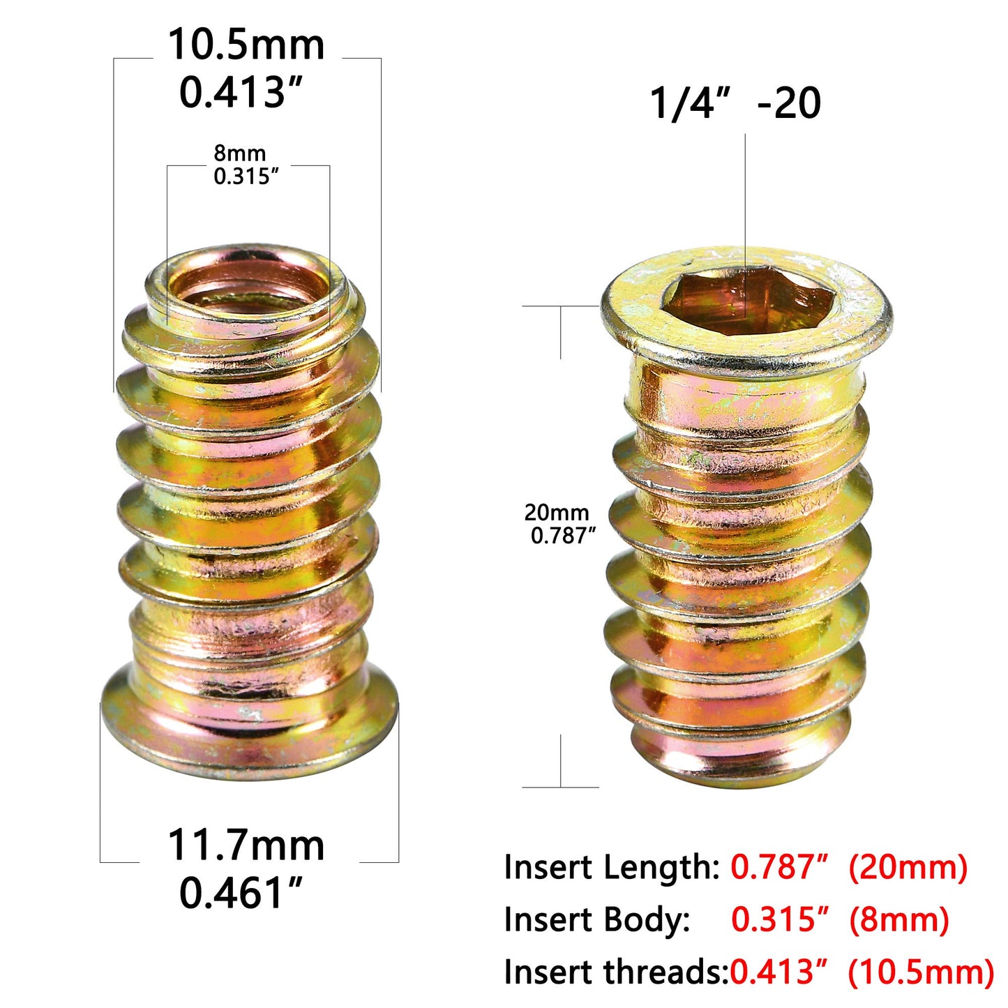 PGMJ 200 Pcs Threaded Inserts for Wood - Metal Screws Assortment Hex Socket Drive 1/4 "- 20 Nut Inserts, Bolt Fastener Connector Wood Embellishments for Furniture (1/4"-20x20mm)