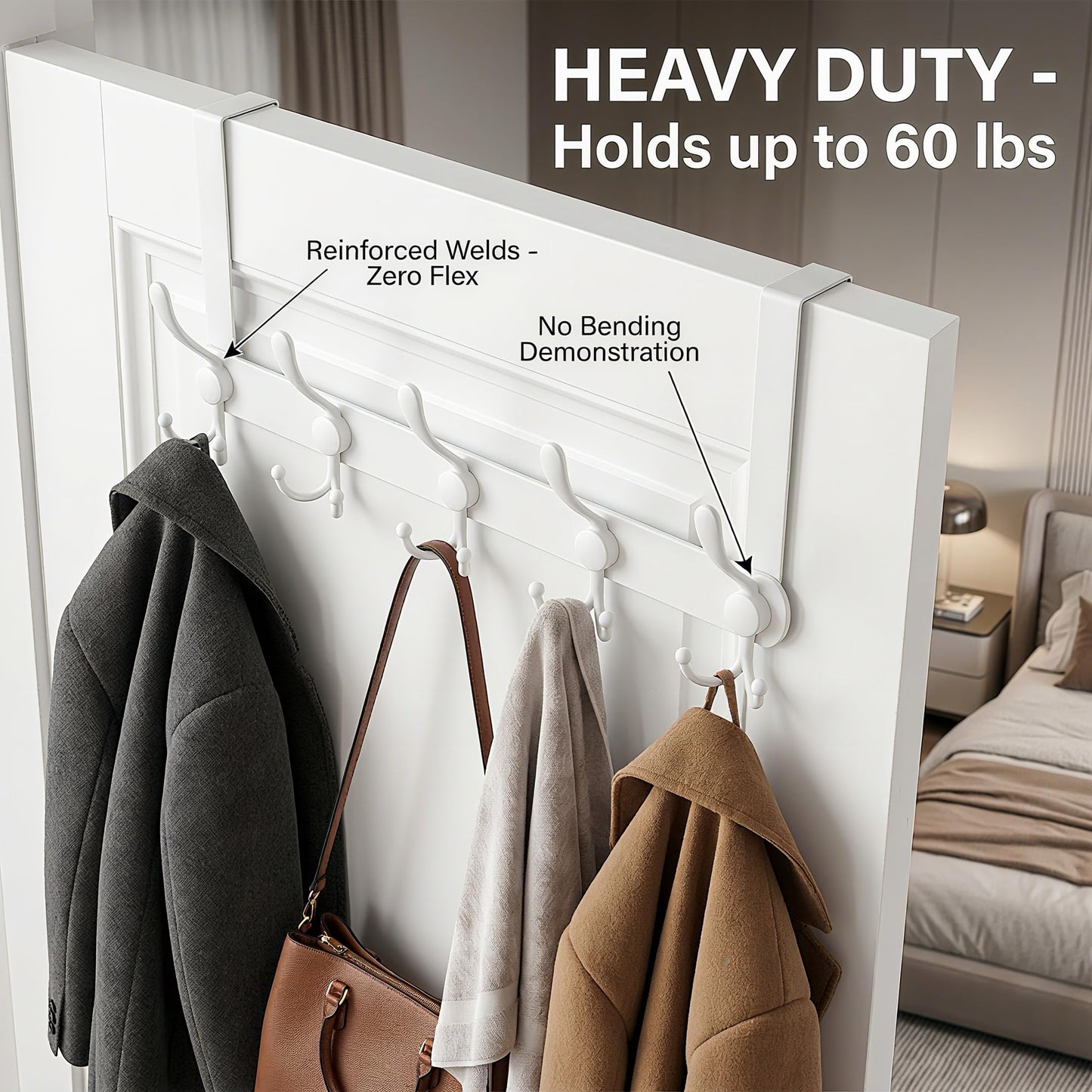 Encozy Over The Door Hooks,Coat Rack for Hanging Clothes Hat Towel (Heavy Duty White 2pcs)