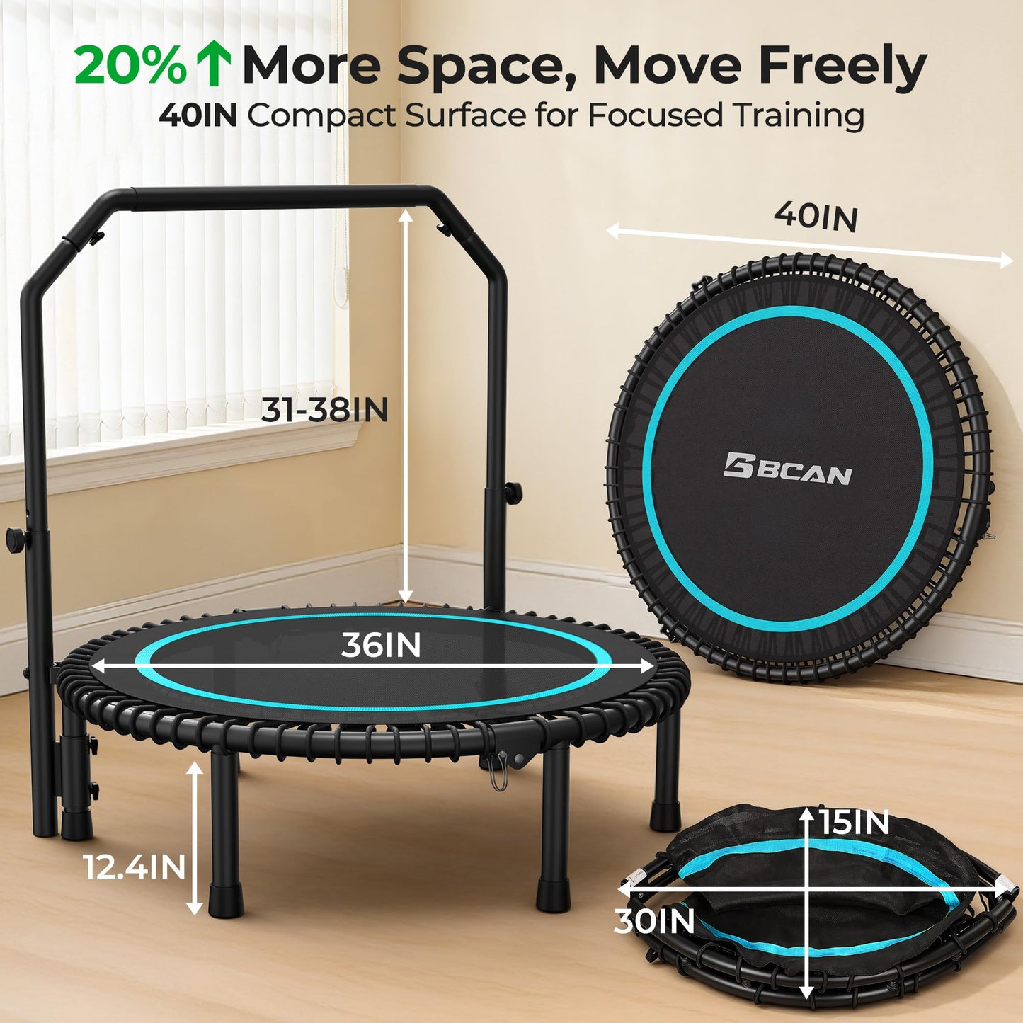 BCAN BT2 450/550LBS Mini Rebounder Trampoline for Adults with Bar, Fitness Trampoline with Bungees, Adjustable Handle, Stable & Quiet, Indoor Outdoor, Whole-Body Workout & Relaxation at Home-40IN-BLU