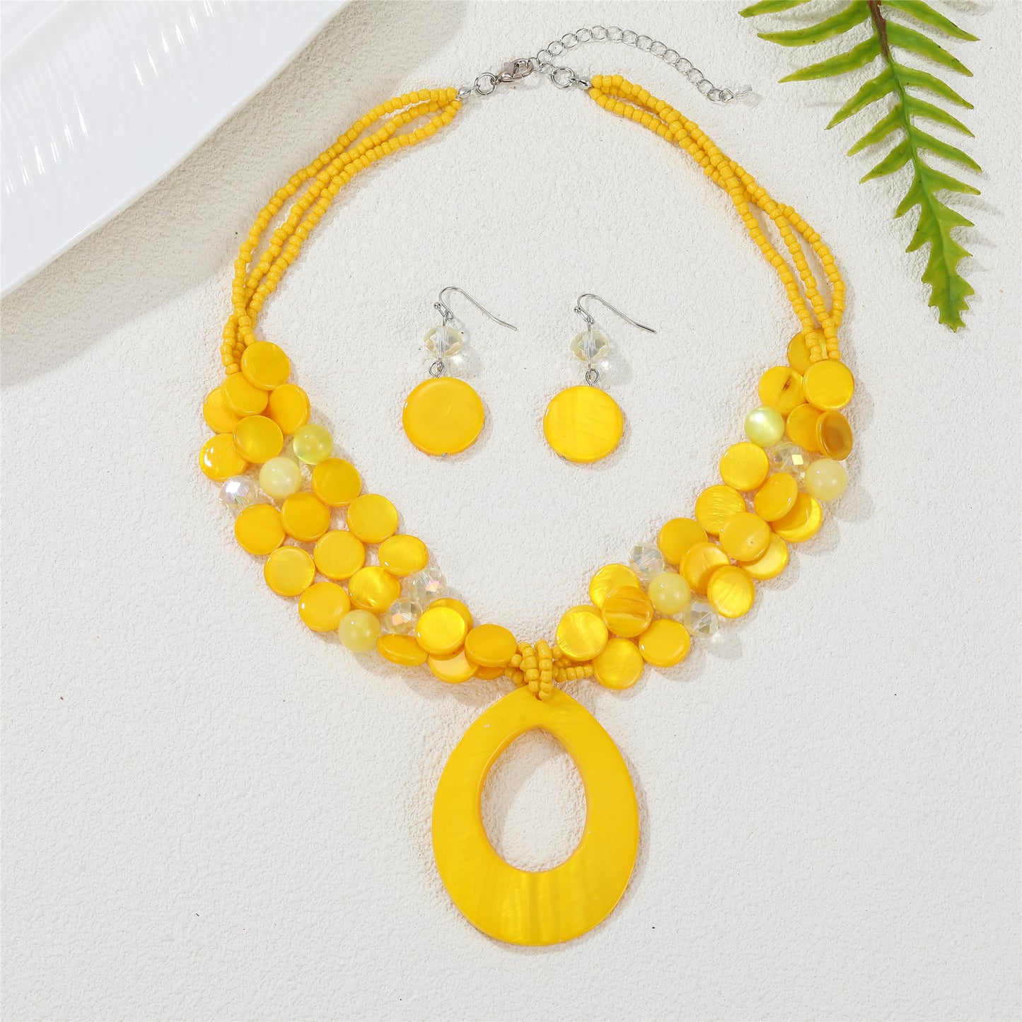 Aenu Multi-Strand Beaded Necklace with Teardrop Pendant Colorful Beads Statement Jewelry Set for Women (Yellow)