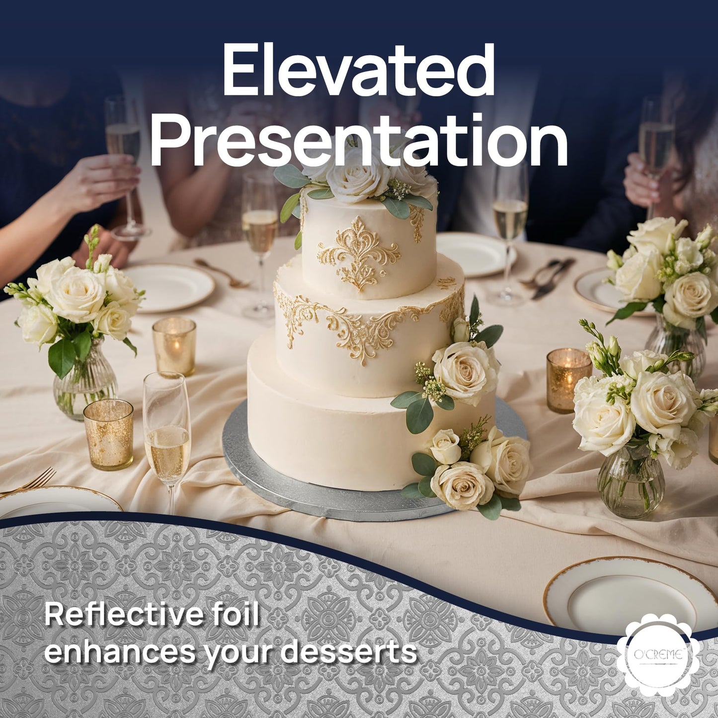 O’Creme Cake Board, Silver Foil Round Cake Circles with Gorgeous Design, Sturdy & Durable 1/2” Thick Cake Drums, Round Cake Boards with 18” Diameter, Pack of 5 Disposable Cake Drums