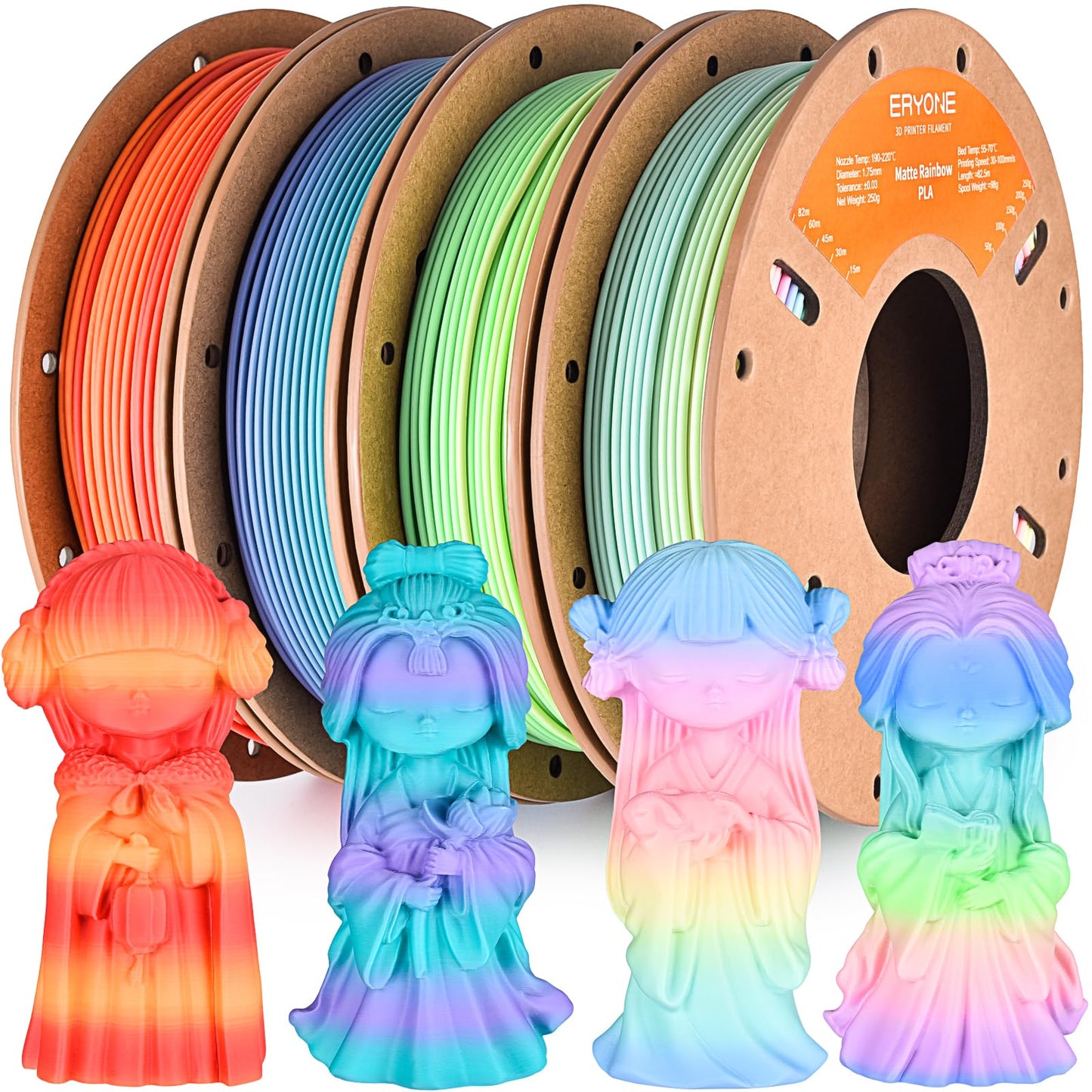 ERYONE Rainbow PLA Filament Bundle, 1.75mm +/-0.03 mm, Matte PLA Muti Color 3D Printer Filament 0.25kg/Spools, 4 Packs(2.2lbs), Matte Macaron, Watercolor, Dreamland, Maple Leaf
