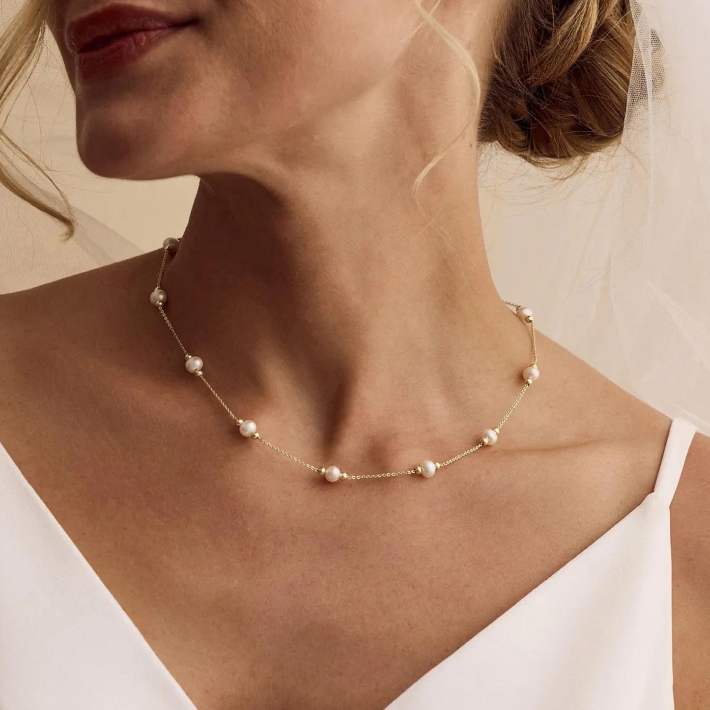 Caenyo Minimalist Beaded Pearl Necklace, Dainty Gold Choker for Women, Classic & Modern Jewelry for Wedding, Beach, Summer, Adjustable 14.5+2"