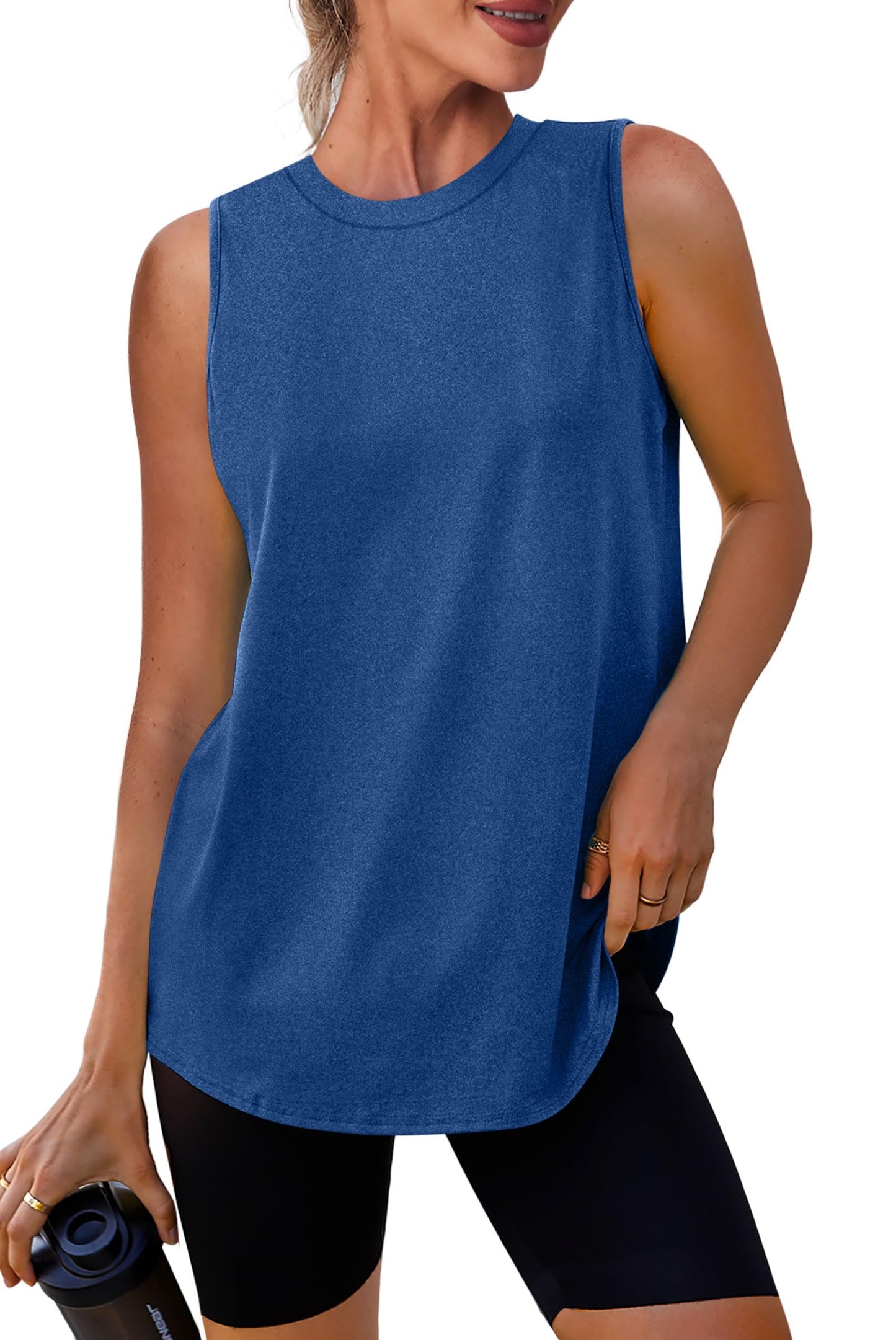 XIEERDUO Tank Top for Women 2025 Loose Fit Workout Tops High Neck Athletic Running Shirts Blue Forest L
