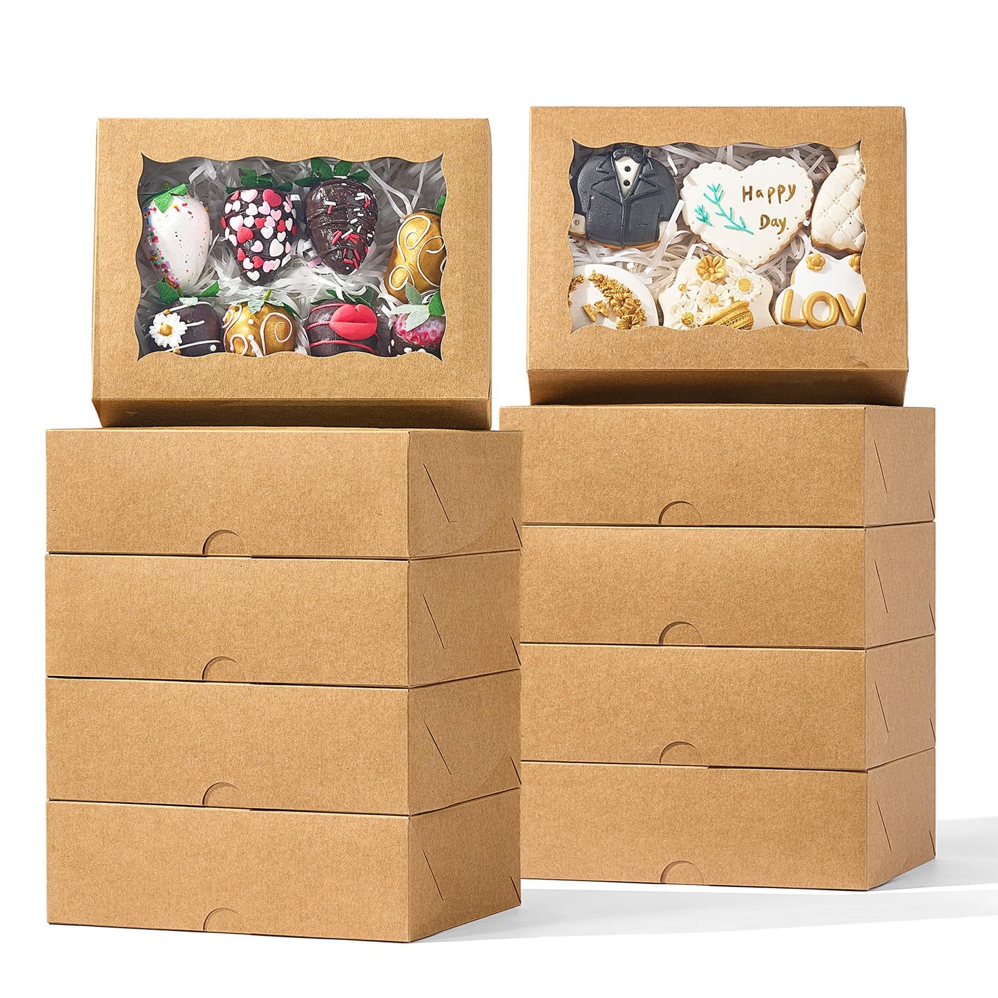 NEKSUNBAK 50 Pcs 8x6x2.5 Inch Brown Cookie Boxes with Window, Pastry Box for Chocolate Strawberries, Macarons, Truffles, Perfect for Thanksgiving Day, Mother's Day, Christmas Party Favors & Holiday