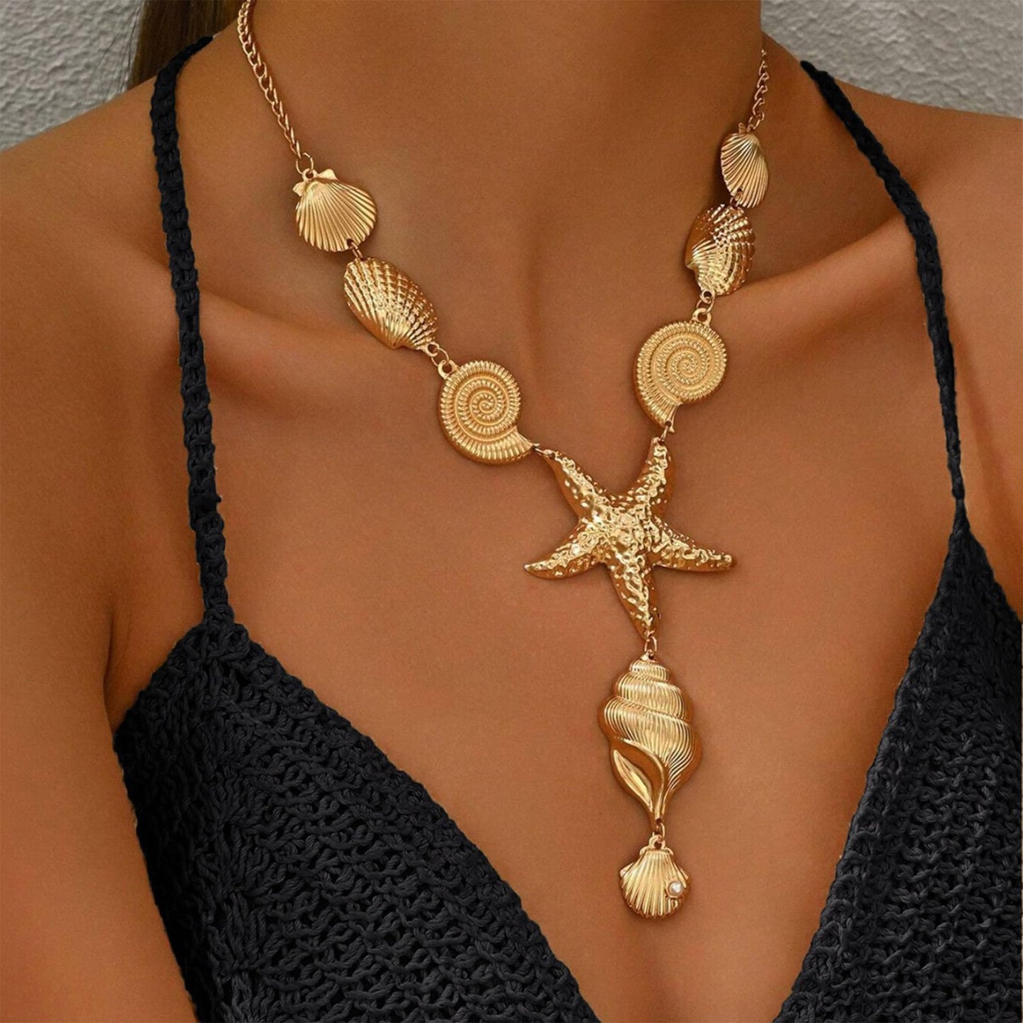 JAGWQRK Starfish Seashell Necklaces for Women Boho Y-Shaped Big Seashell Conch Pendant Necklace Statement Summer Beach Holiday Party Present Jewelry