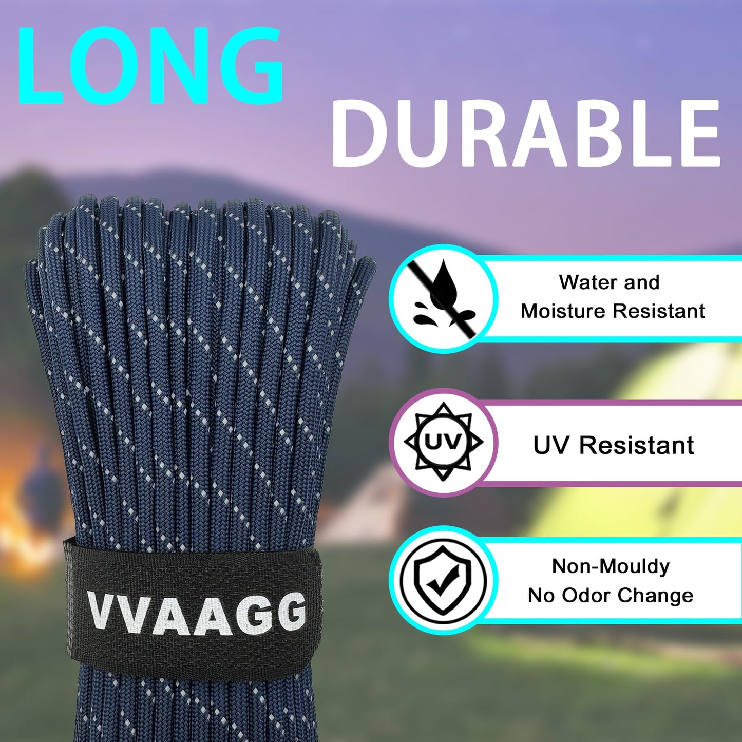 VVAAGG Reflective Paracord Rope 200FT, 7 Strand Nylon para Cord Lanyard Utility 550 Parachute Cord, 4mm Thin Tent Rope for Outdoor Camping Hiking (DKBlue 200FT)