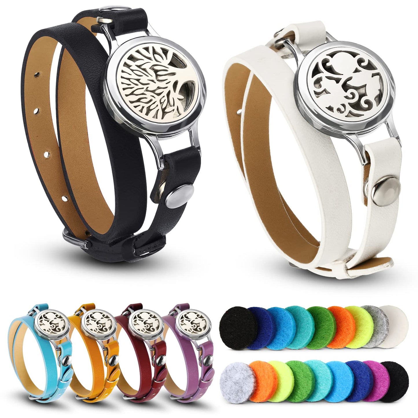 Bonuci 2 Pcs Essential Oil Diffuser Bracelet Aromatherapy Fragrance Locket Bracelet Adjustable with 6 Replacement Leather Band and 18 Refill Pad Gift Set for Women Girls Wife Friend Christmas Birthday