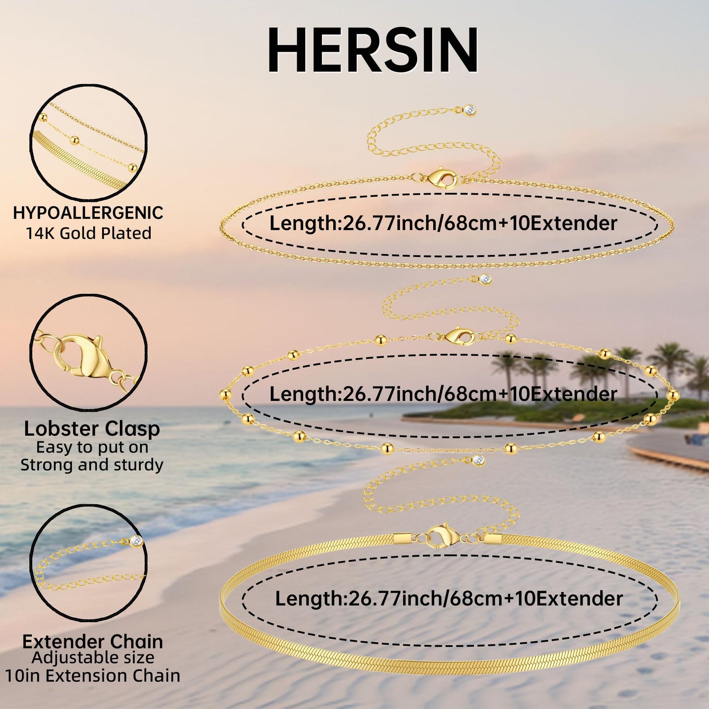 HERSIN Waist Chain for Women, 3 Pairs 14K Gold Plated Layered Belly Belt Chains Beach Waist Beads Chain Waterproof Herringbone Snake Body Chain Summer Jewelry Accessories for Women