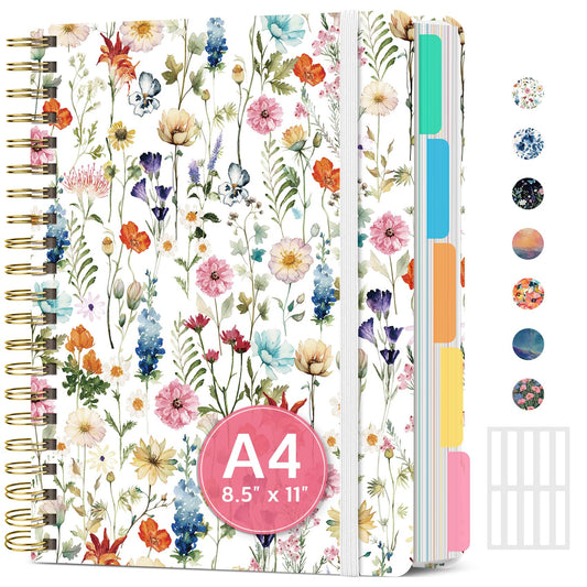 Large Spiral Lined Notebooks for Work with Removable Dividers & Tabs, 8.5"x11" Pretty Hardcover 5 Subject Notebook Journal for Women, College Ruled, Perfect for Study & Office Organization, 280 Pages,Wildflowers