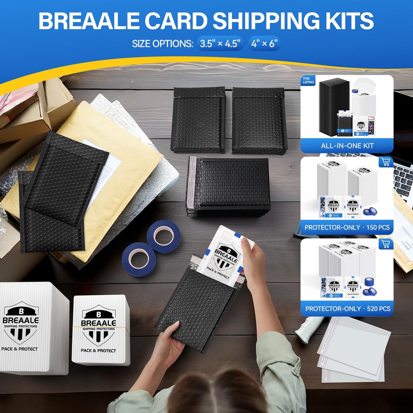 BREAALE Trading Card Shipping Kit, Includes 100 4'' x 6'' Graded Card Shipping Protectors, 50 6'' x 8.7'' Envelope Bubble Mailers, 20M Painter’s Tape, 50 Cellophane Bags, PSA BGS CGC Slabs & Raw