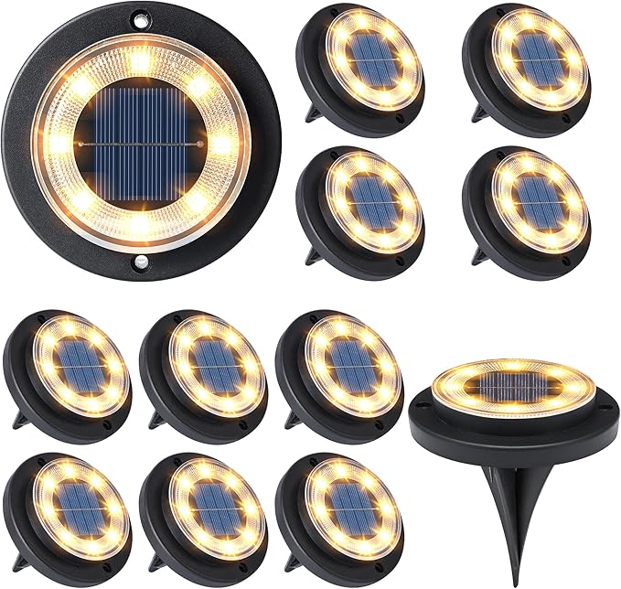 Flacchi Solar Lights Outdoor - Solar Powered Ground Lights Outdoor Solar Disk Light Waterproof Landscape Light for Patio Yard Pathway Walkway Driveway (Warm White, 12 Pack)