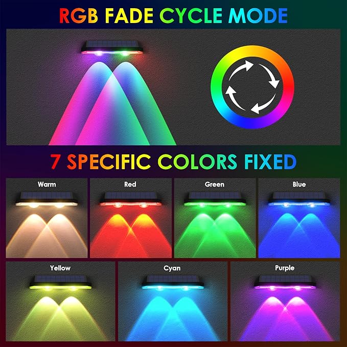 Solar Fence Lights Outdoor - Warm White & RGB 6 Color, Dusk to Dawn Solar Deck Light, Solar Lights Outdoor IP65 Waterproof, Garden Lights for Outside/Backyard/Railing/Step/Patio/Wall (8 Pack)