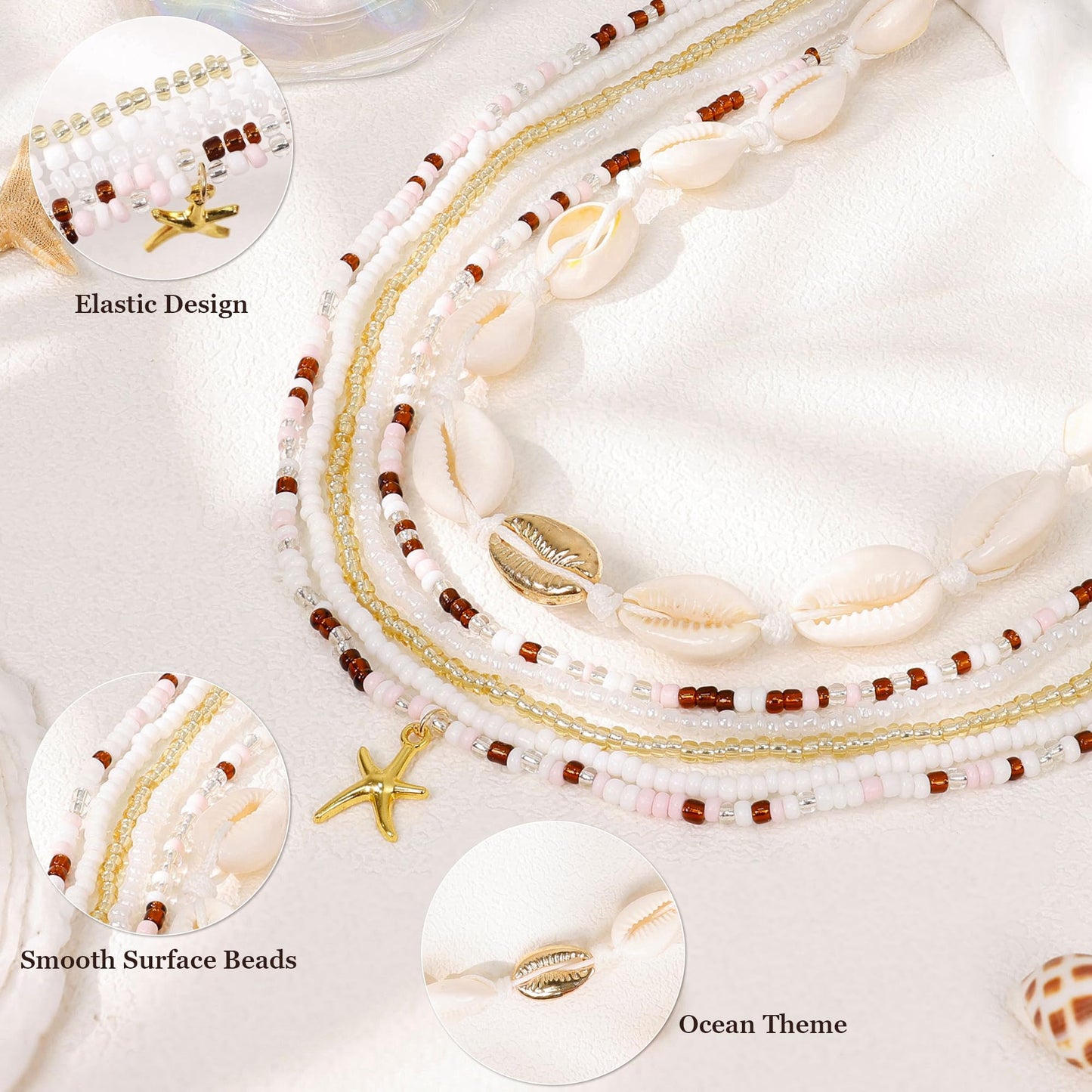 NICEIGHT 6Pcs Colorful Waist Beads Chain for Women Multi-layered Beaded Belly Chain Sexy Starfish Shell Chain for Waist Summer Beach Bikini Belly Body Chain Jewelry Brown
