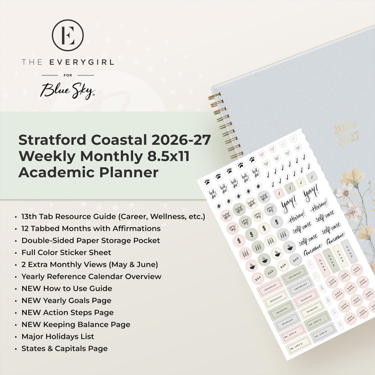 Blue Sky The Everygirl 2026-2027 Weekly and Monthly Academic Year Planner Calendar, July 2026 - June 2027, 8.5" x 11", Flexible Cover, Wirebound, Laminated Tabs, Storage Pocket, Includes Stickers, Stratford Coastal