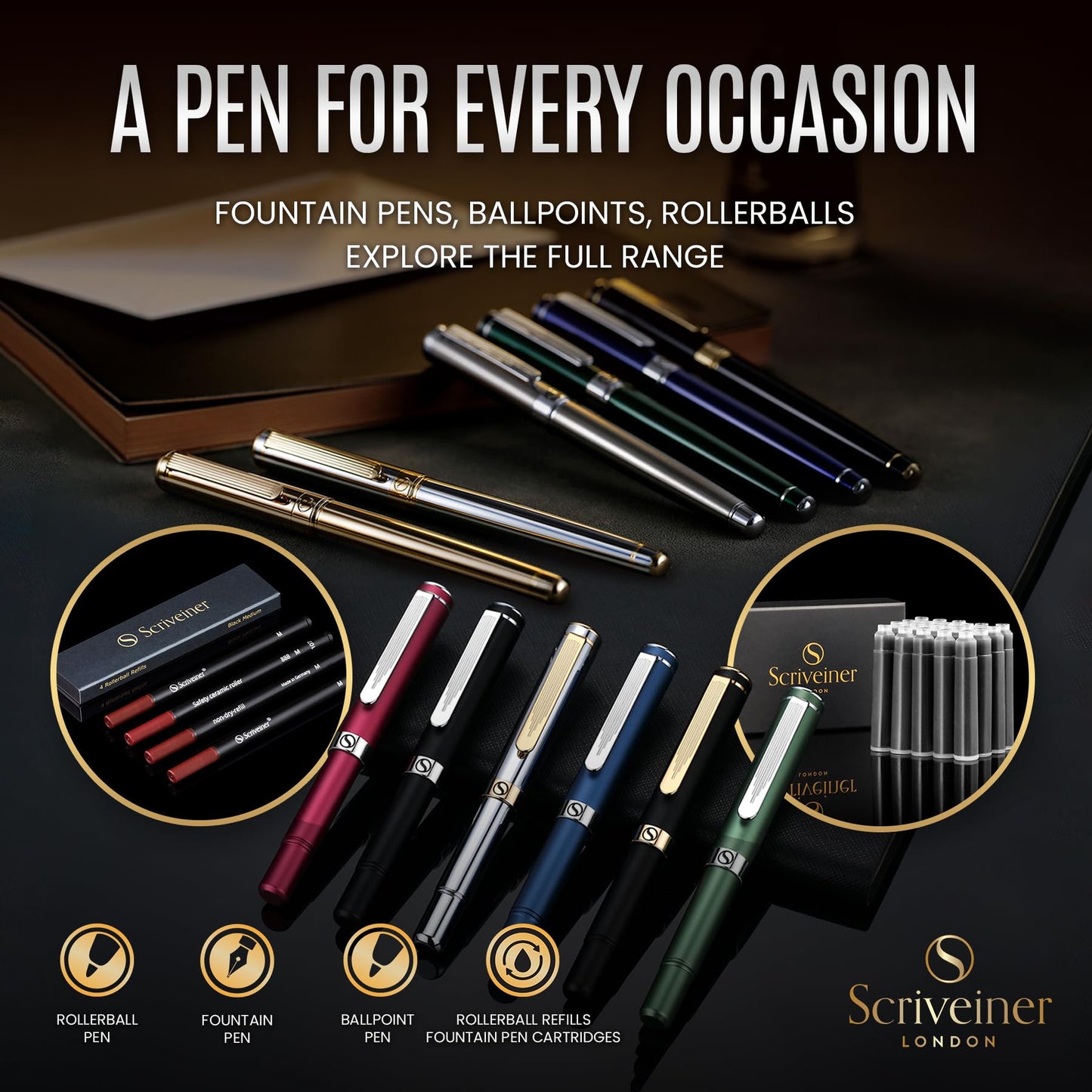 Scriveiner Green Ballpoint Pen - Stunning British Racing Green Luxury Pen, Chrome Finish, Schmidt Black Refill, Best Ball Pen Gift Set for Men & Women, Professional Executive Office, Nice Designer Pen