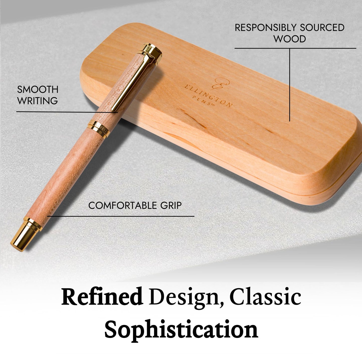 Ellington Pens Luxury Wood Fountain Pen Set – Medium Nib - Includes 6 Ink Cartridges, Wooden Pen Gift Box, Ink Converter - Wood Pen For Writing, Calligraphy, Journaling, Drawing (Maple Harmony)