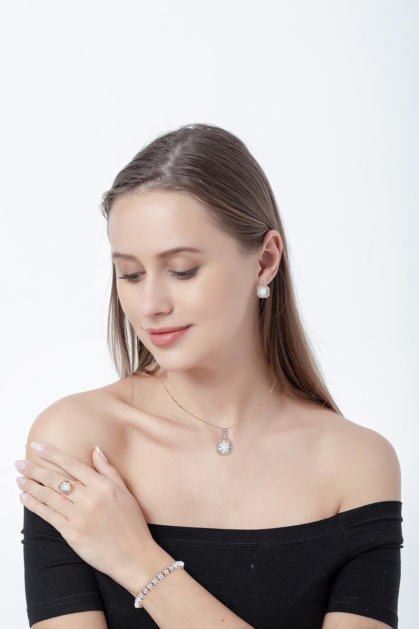 Paxuan Crystal Rhinestone Wedding Jewelry Sets Bridal Pendant Necklace Stud Earrings Link Bracelets Rings Set for Women (Gold Plated White Cubic Zirconia)