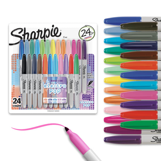 Sharpie Electro Pop Permanent Markers, Fine Tip, Marker Set, Assorted Colors, 24 Count - Coloring, Drawing, Art, Markers, Writing