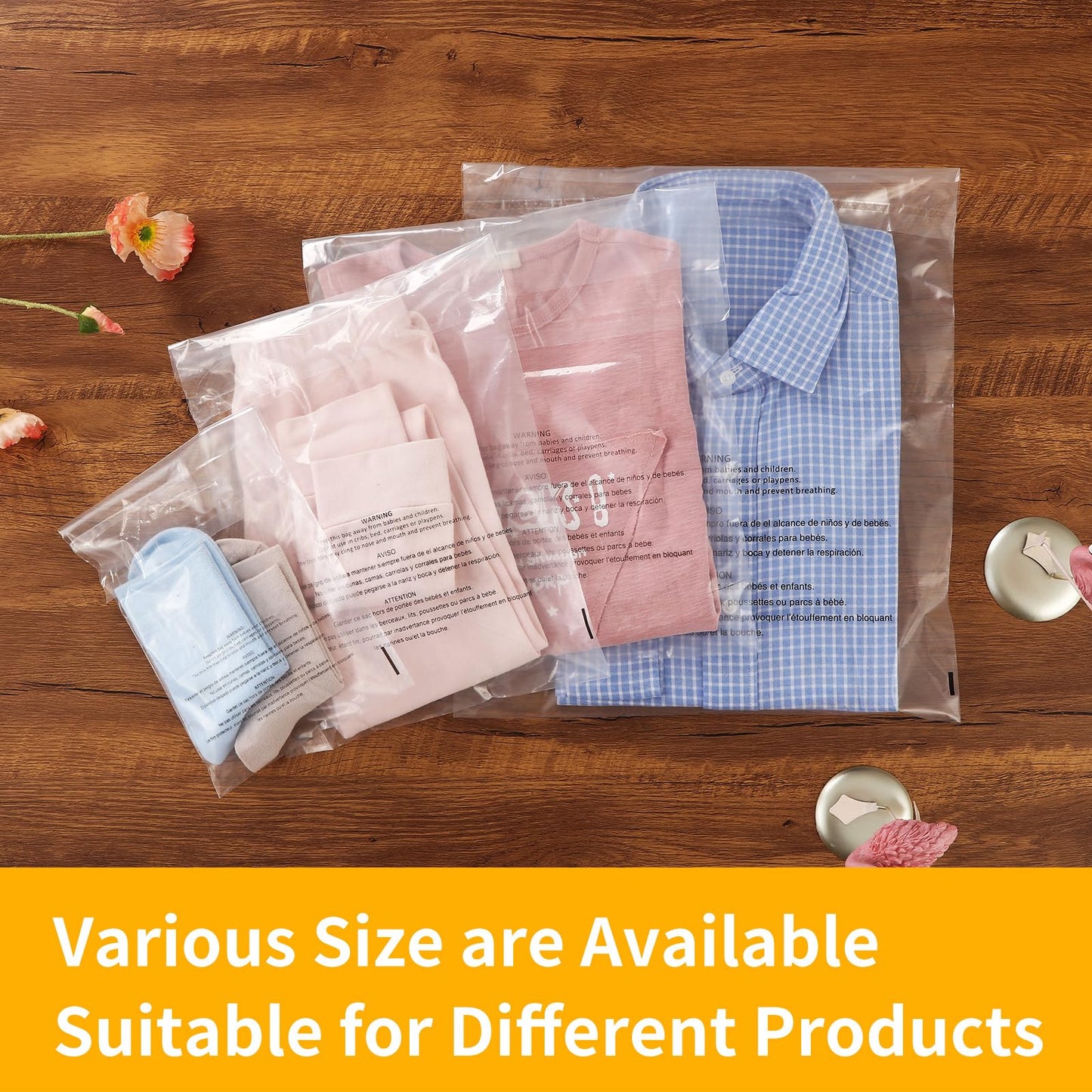 iMailer - 200 Count - 13" x 15" Clear Plastic Poly Bags with Suffocation Warning for Clothing, T-Shirts, Pants-Resealable Adhesive,Not Strong