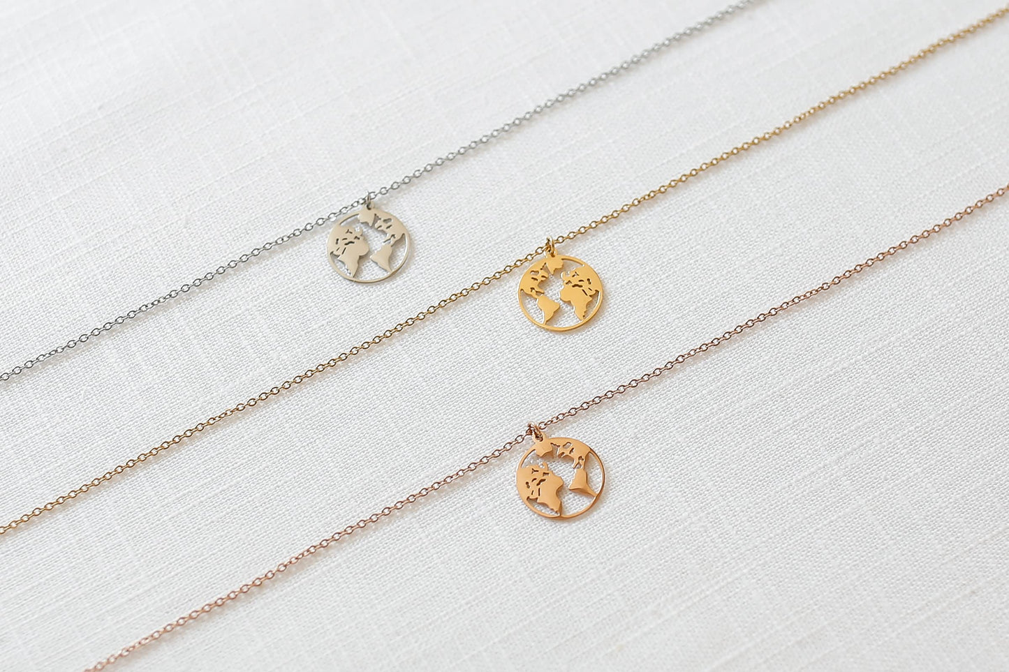 LUUK LIFESTYLE Stainless steel necklace for women with globe, earth pendant and HAPPINESS gift card, simple, minimalistic summer jewelry, festival look, trendy boho style, travel lucky charm, silver