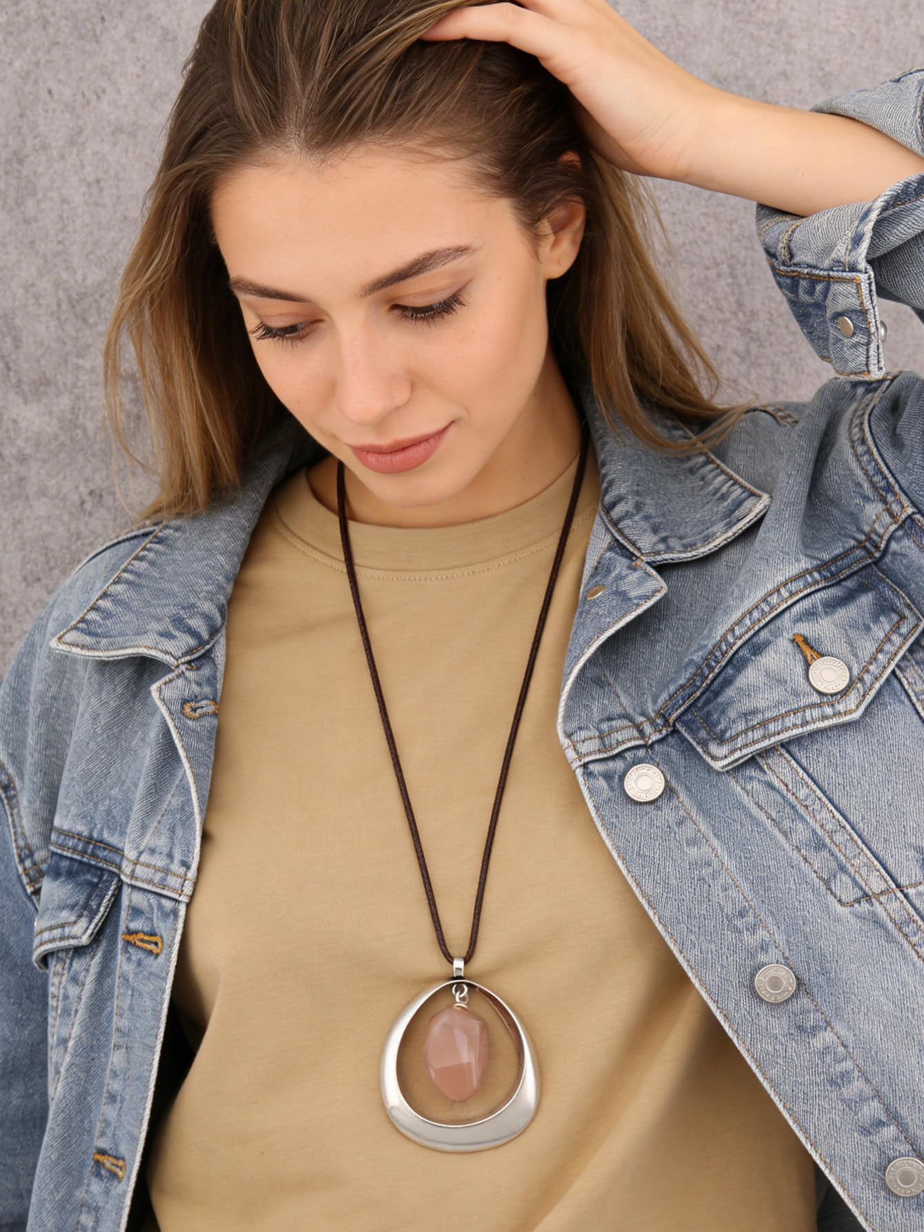 joymiao Vintage Boho Necklace for Women Long Chunky Bohemian Necklace with Silver Pendant Pink Stone Hippie Choker Jewelry