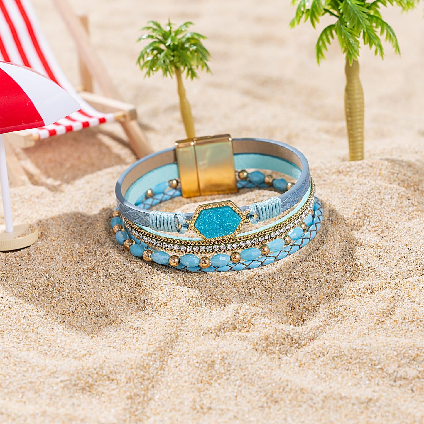 FANCY SHINY Crystal Beaded Leather Wrap Bracelet Stackable Boho Jewelry for Women Trendy Braided Resin Stone Bangle Cuff with Magnetic Clasp(Teal)