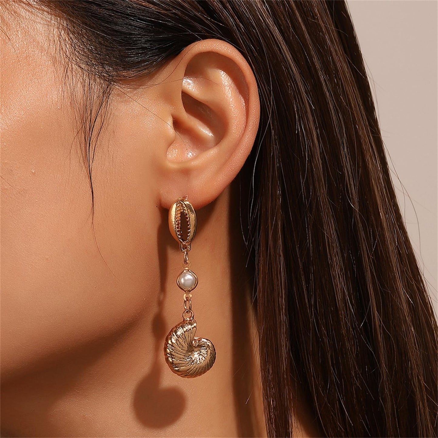 Asymmetric Starfish Seashell Earrings Gold Plated Boho Handmade Charm Cowrie Sea Shell Conch Star Ocean Animals Long Dangle Drop Earrings for Women Hawaii Summer Beach Party Holiday Jewelry Gifts (Gold conch earring)