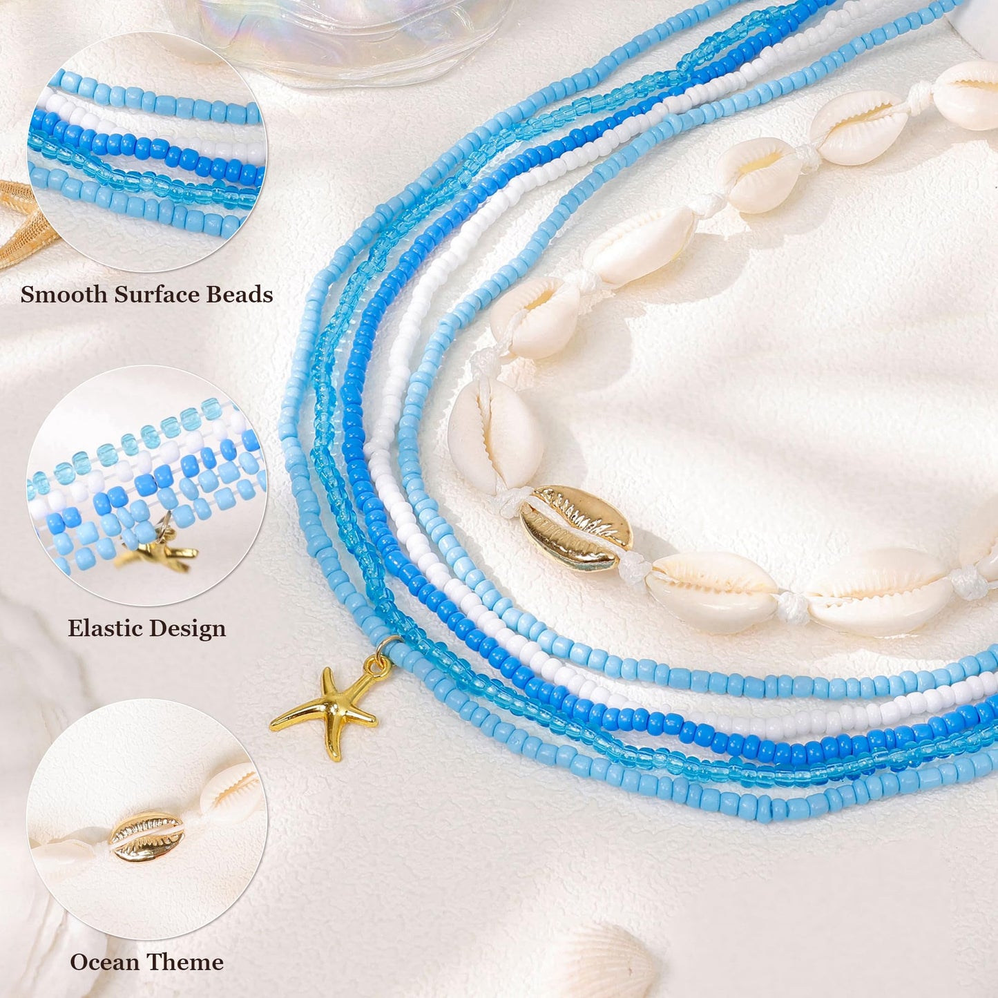 NICEIGHT 6Pcs Colorful Waist Beads Chain for Women Multi-layered Beaded Belly Chain Sexy Starfish Shell Chain for Waist Summer Beach Bikini Belly Body Chain Jewelry Blue