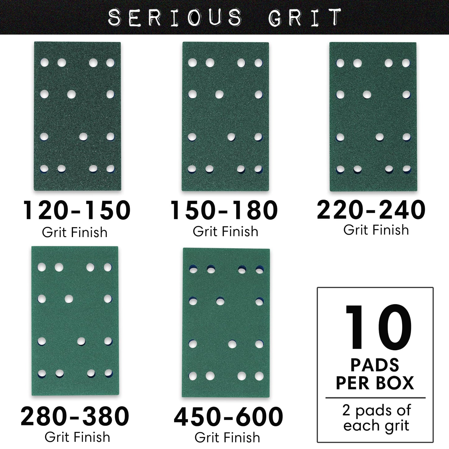 Serious Grit - 3" x 5" (80x133mm) Foam Sanding Pads - P120-600 Assorted Finish Grit - 1/2" Thick Low Density Foam - Hook & Loop - Fits Festool RTS 400 & Mirka DEOS 3x5 Sanders – Made in USA – 10 Pack