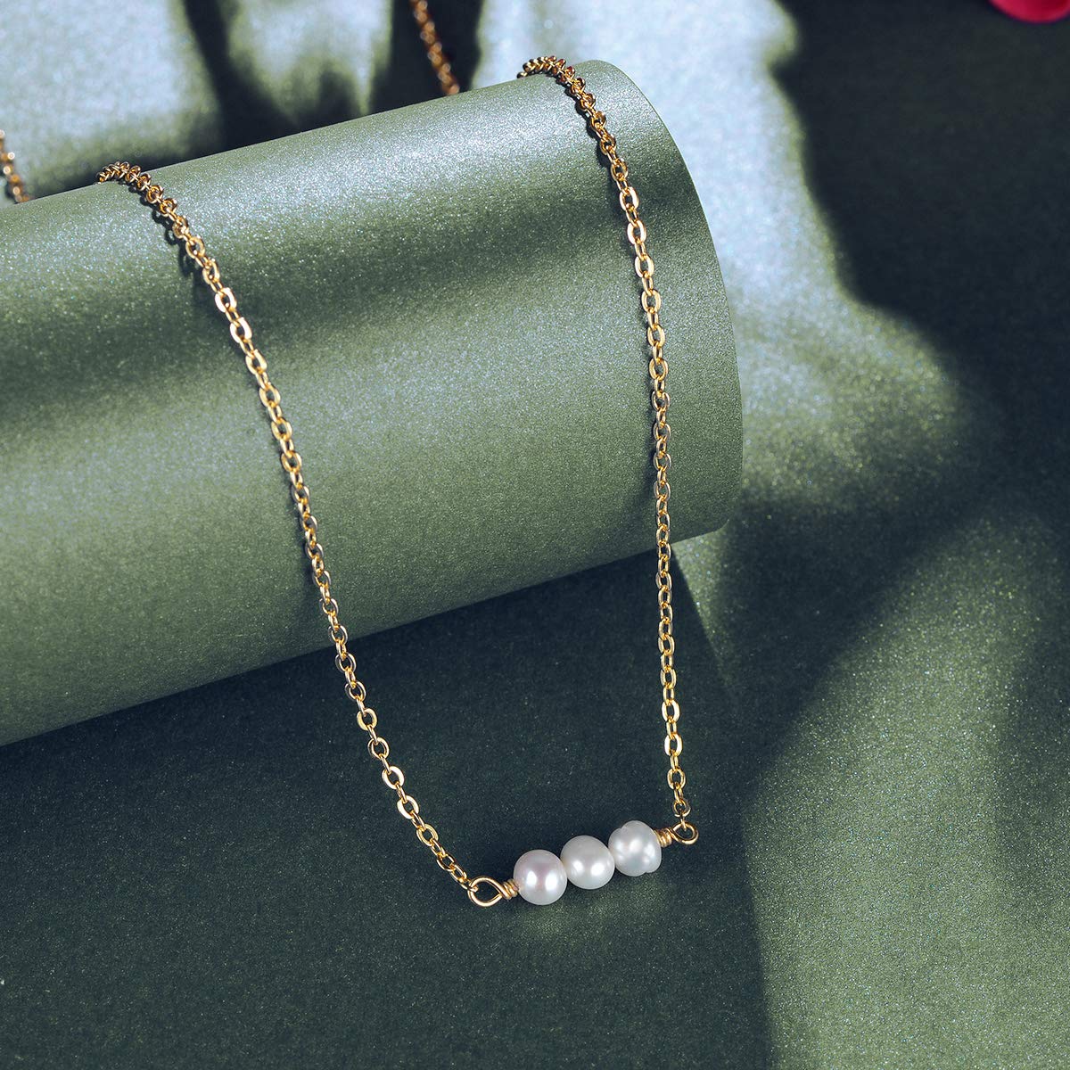 14K Gold Plated 3 Tiny Pearl Necklace for Women, Dainty Minimalist Pearl Choker, 14"+2" Adjustable Extension Chain, Delicate Layering Jewelry for Daily Wear & Gift
