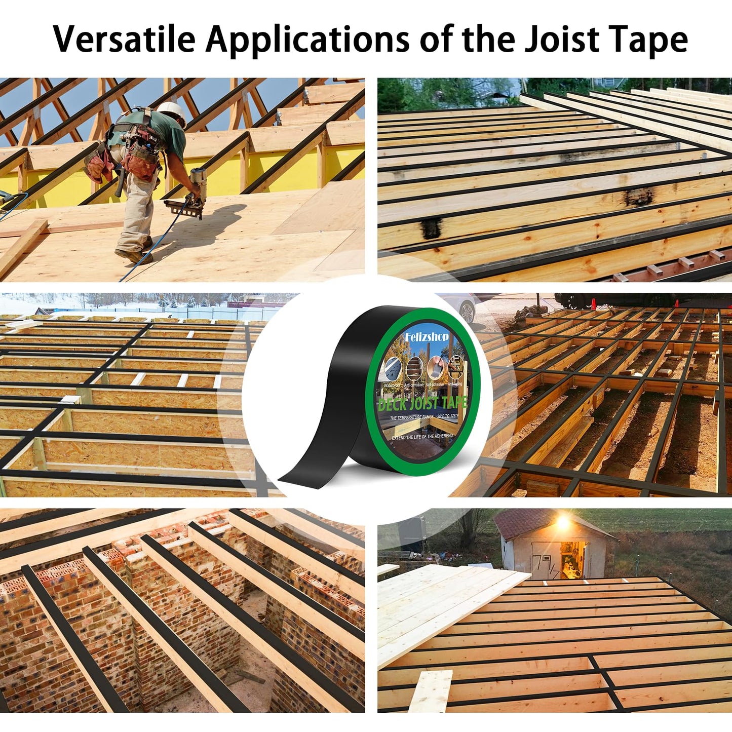 Felizshop Joist Tape, 1-5/8" x 50' Deck Joist Tape, Waterproof Butyl Tape, Self-Adhesive Deck Butyl Tape, Butyl Flashing Tape,Joist Tape Decking for Protect Beams and Wood Decks (8 Rolls)