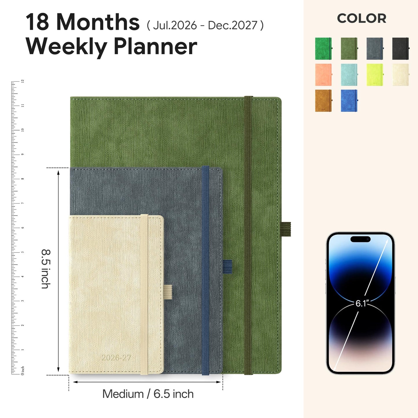 IN-LUXPRO 2026-2027 Weekly and Monthly Planner (July 2026–December 2027), 6.5"x8.5", Vertical Layout, 18 Months Agenda with Month Tabs & Pocket, Academic Calendar with Vegan Leather Cover,Caramel
