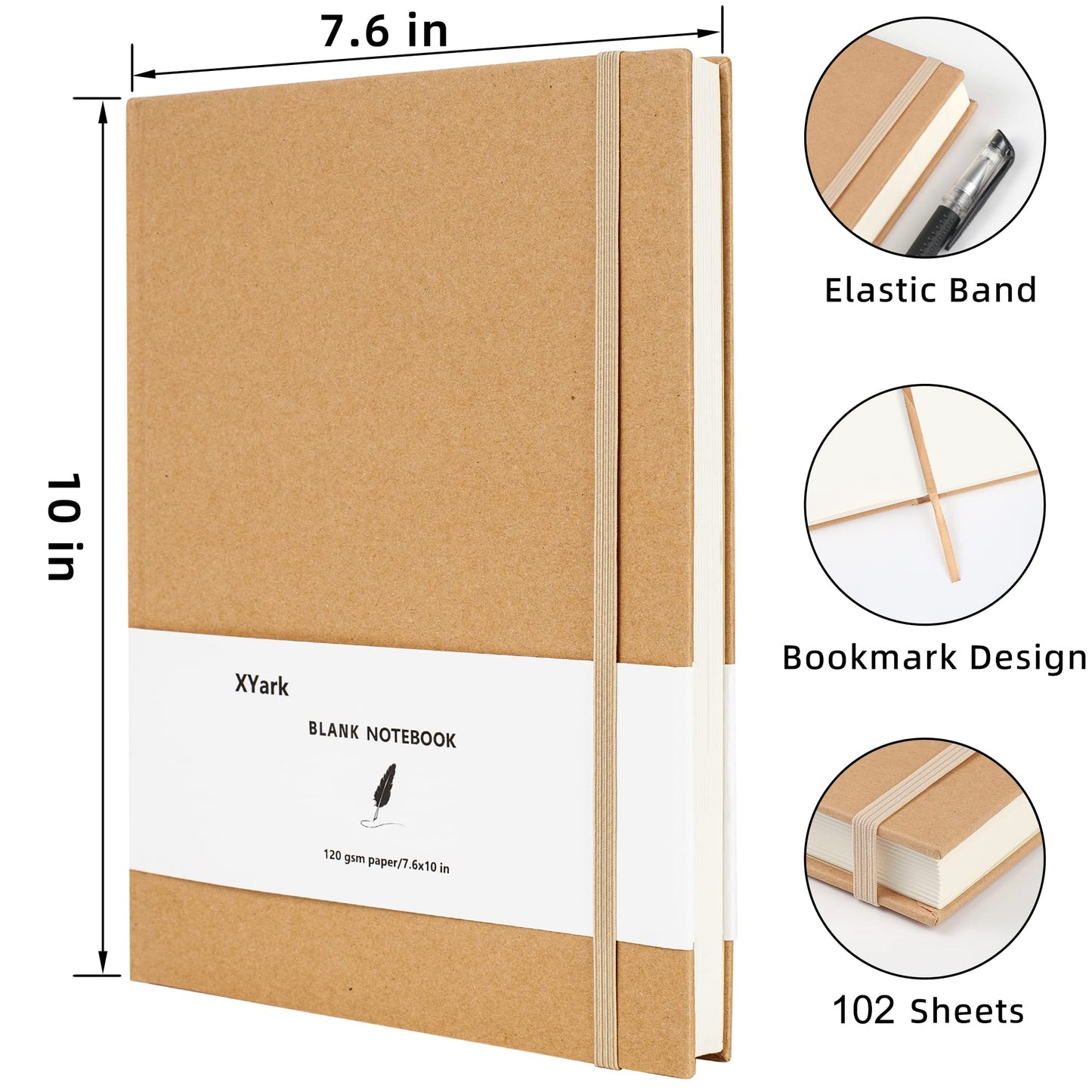 XYark Large B5 Blank Notebook Journals, Plain Kraft Hardcover Sketchbook Subject Composition Notebooks Planner with Unlined Paper, 2 Pack, 120GSM, 102 Sheets, 7.6x10 inch, Travel Journal Set
