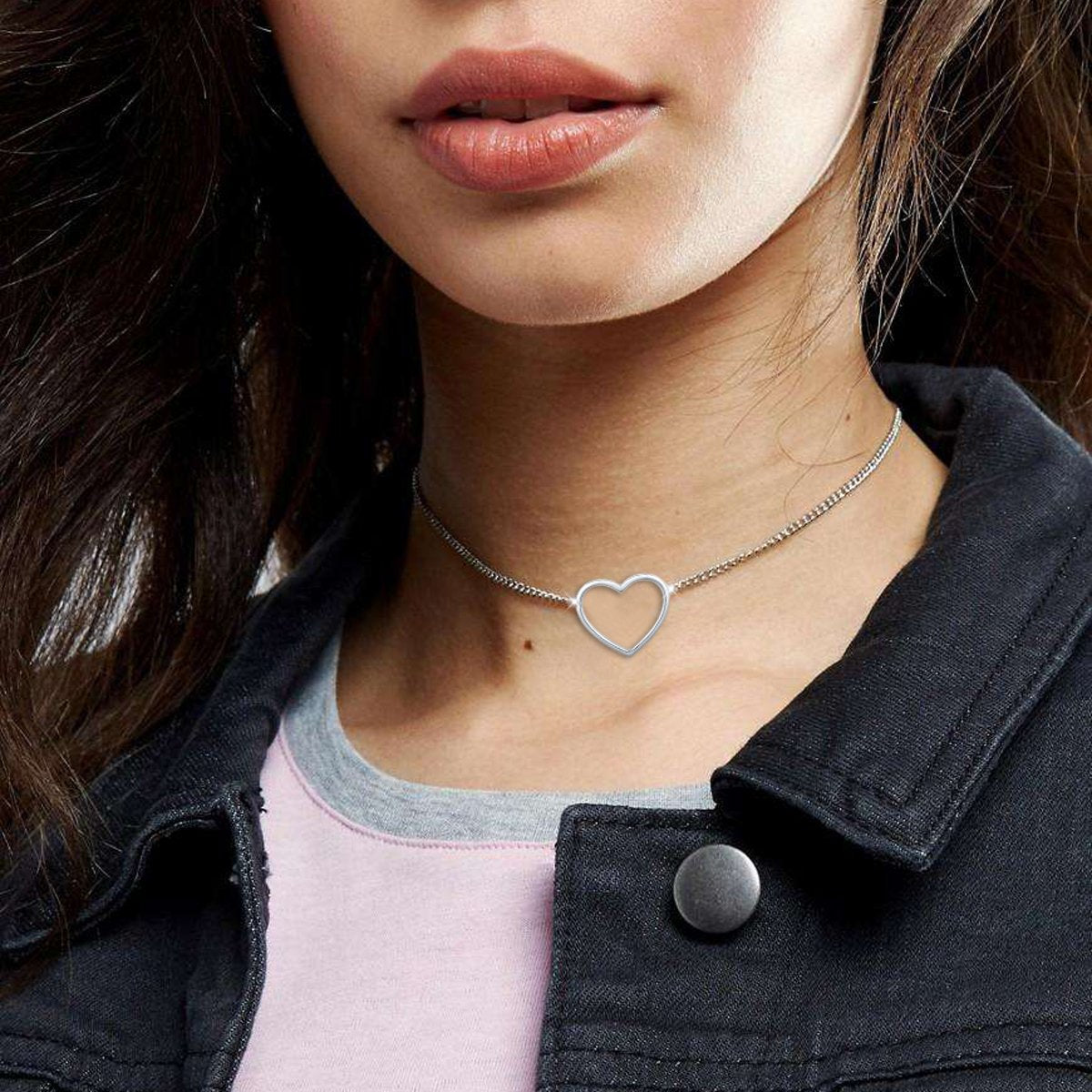 DAOCHONG S925 Sterling Silver Heart Choker Short Dainty Necklace Pendant for Women Jewelry Gift