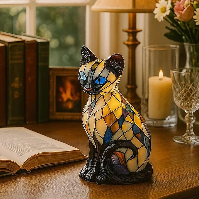 Cat Lamp, Stained Glass Cat Lamp, Decorative Resin LED Night Light for Cat Lovers, USB Vintage 3D Table Lamp Cozy Glow for Desk & Mantel – Fun Gift for Pet Owners (Siamese Cat B)
