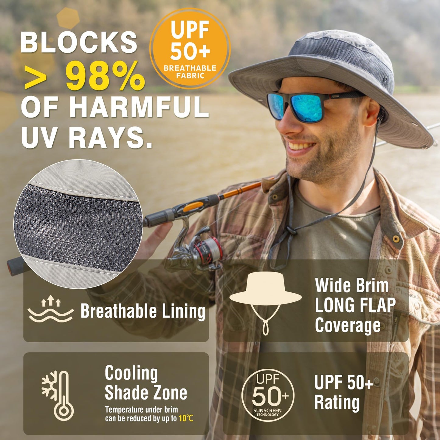 Summer Mesh Bucket Sun Hats for Men Big Head Wide Brim Boonie Safari Waterproof Beach UPF50+ Fishing Hiking Army Green Large X-Large L XL