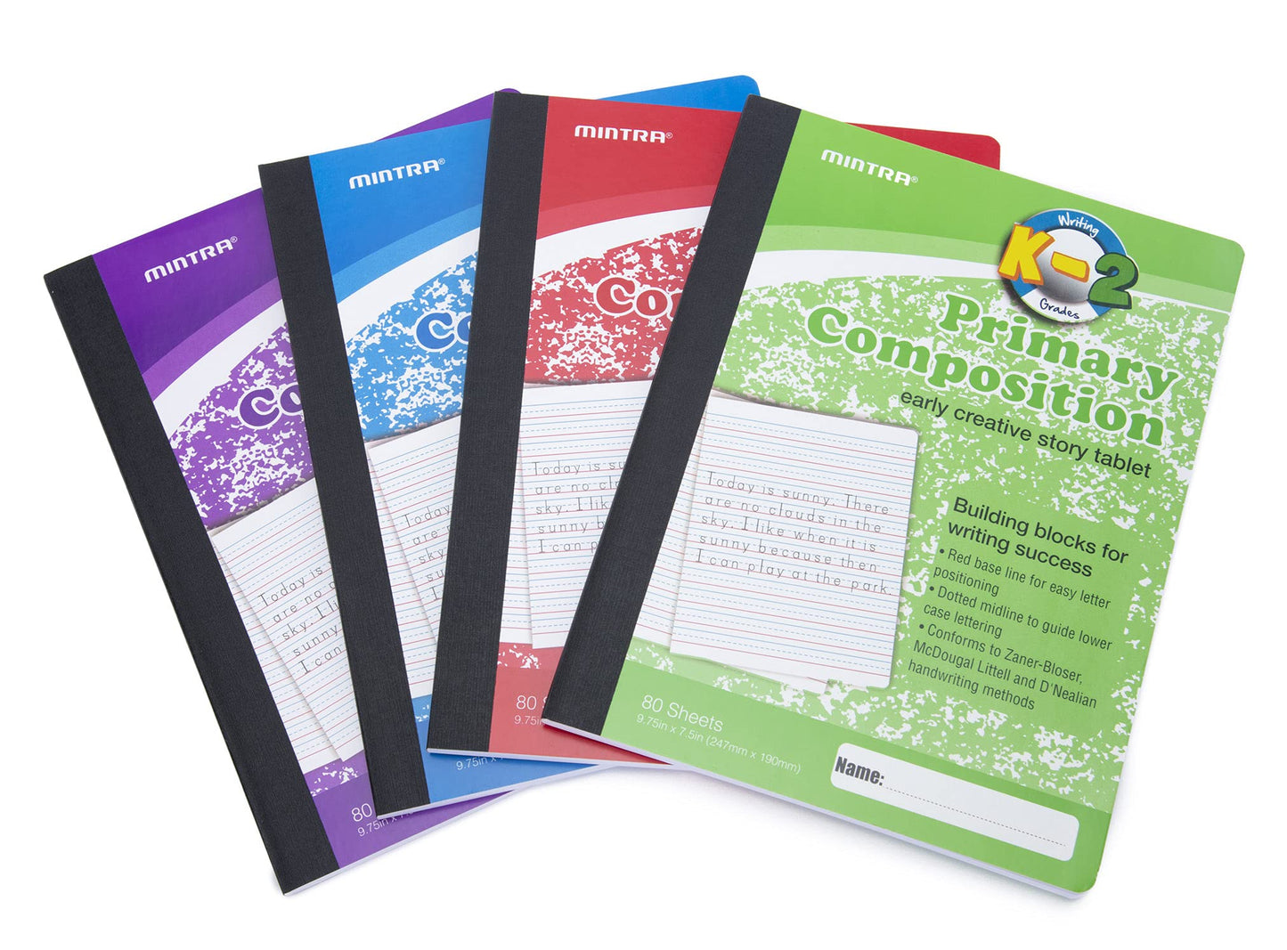Mintra Primary Composition Notebook, 4 Pack, Assorted Colors 80 Sheets, 7.5in x 9.75in, Full Sheet, Ruled with Drawing Area, Flexible Hardcover Journal, Grade K-2, School & Home Use