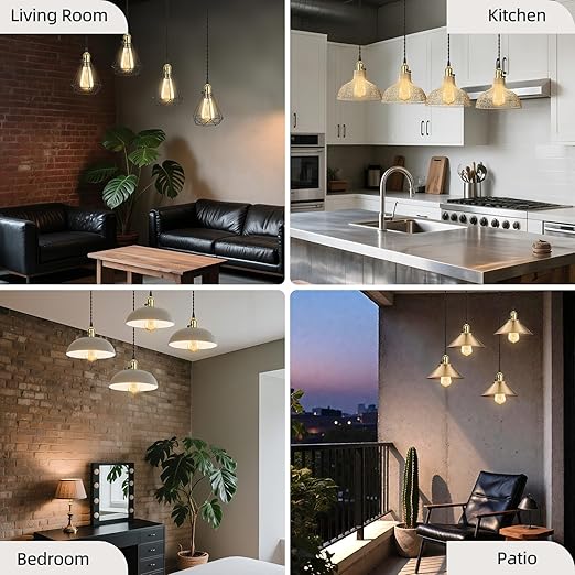 Vintage Plug-in Pendant Light Kit with 1-to-4 Hanging E26/E27 Sockets, Industrial Hanging Light with Individual Rotary Switches, Easy DIY Lighting for Living Room, Patio and Plant Corners, Gold