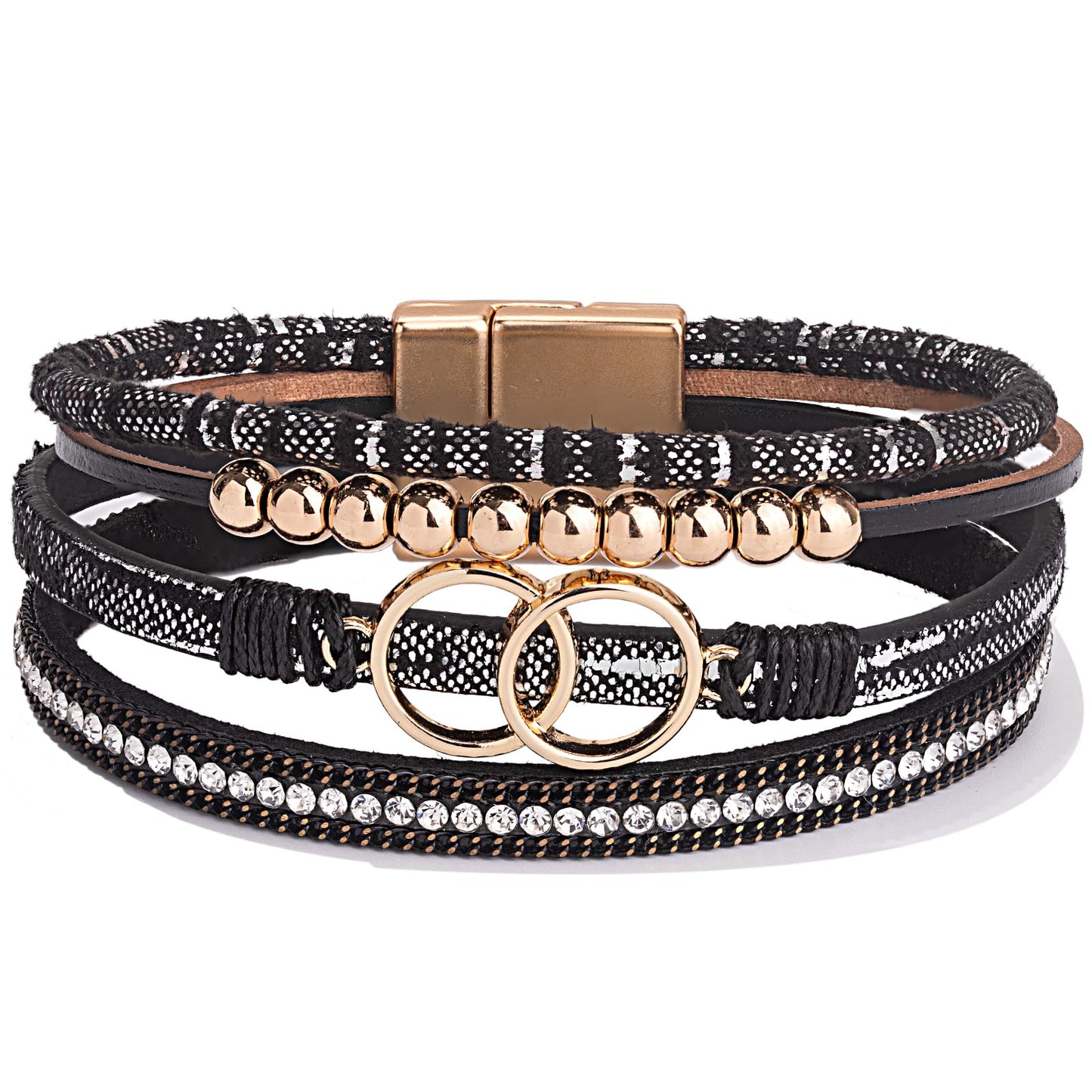 FANCY SHINY Boho Leather Wrap Bracelet Stackable Beaded Infinity Chunky Cuff Bracelets with Magnetic Clasp Western Hippie Outfits Jewelry Gifts for Women(Black)
