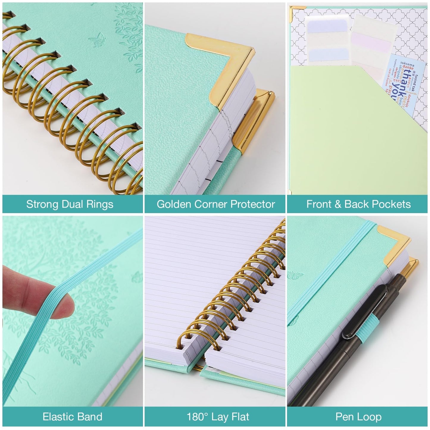 Spiral Notebook, College Ruled Notebook, 8.5" x 11", 300 Pages Leather Journals for Writing, A4 Hardcover Journaling Notebooks for Work School, 24pcs Tabs, Large Embossed Journal for Women Men, Teal