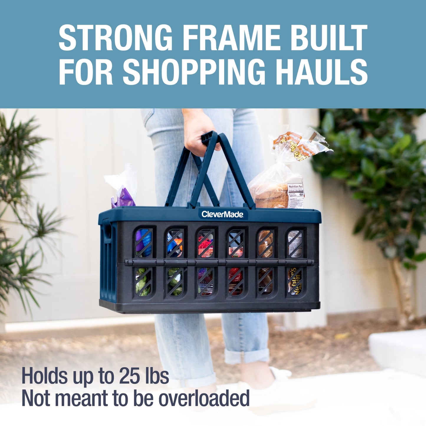 CleverMade Eco Collapsible Shopping Basket with Handles, 24L Ocean, 3 Pack