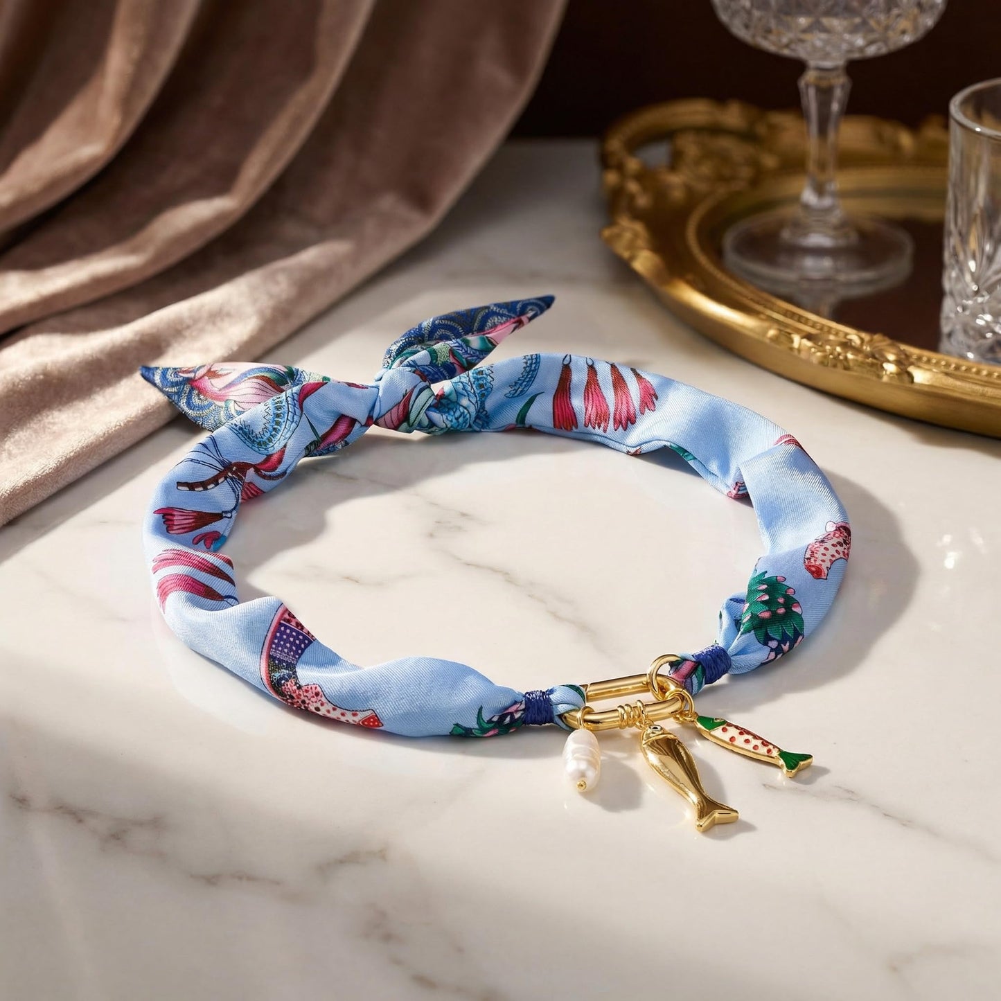CLASSYZINT Fish Necklace for Women Blue Scarf Necklace with Fish Pendant Silk Scarf Boho Jewelry Summer Beach Necklace