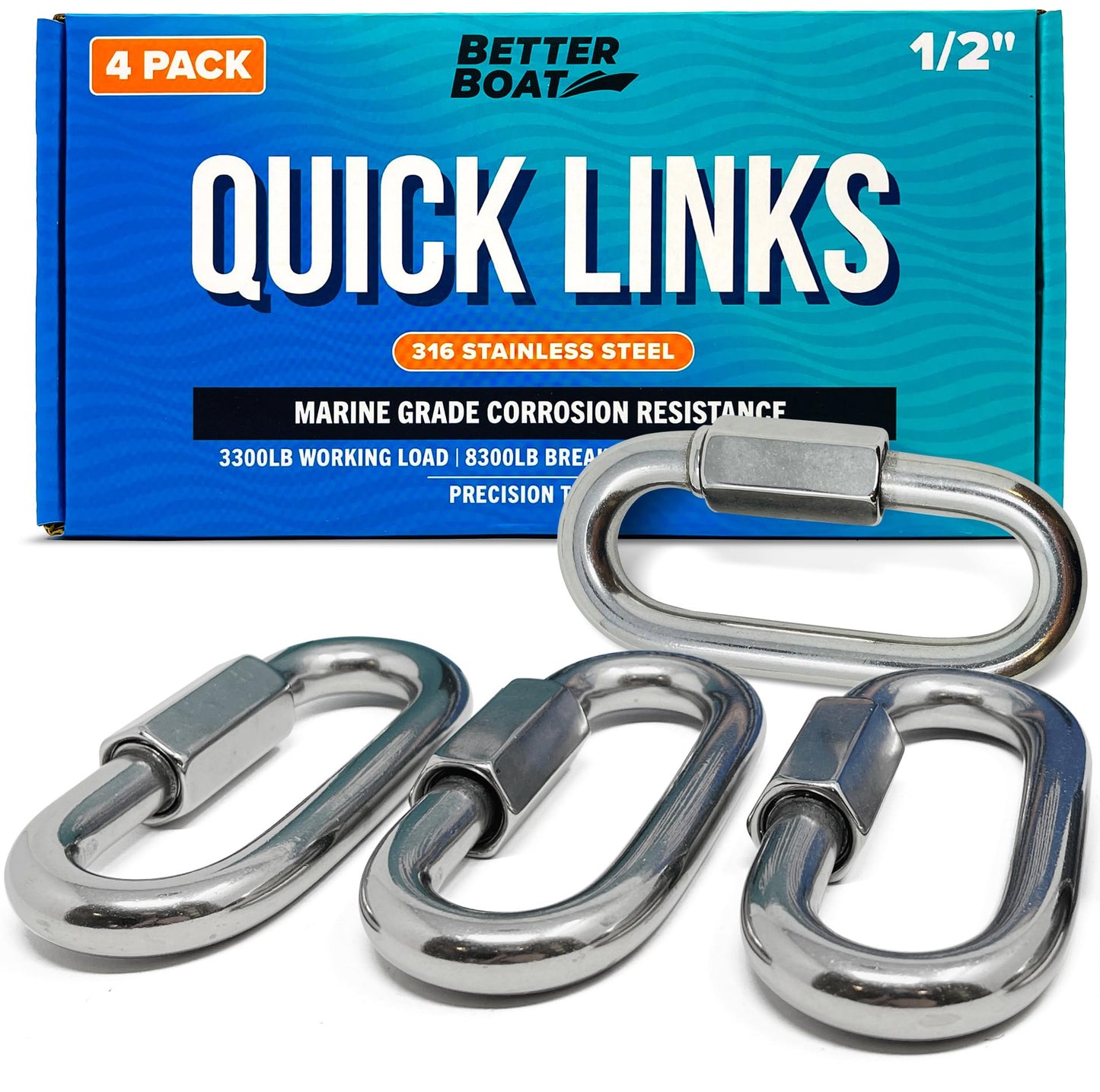 316 Stainless Steel Locking Chain Link, Threaded Quick Link Chain Connector Clips, Heavy Duty D Shape Quicklinks, 1/2", 3/8", 5/16", 1/4" Small Sizes, Marine Grade, 4 Pack Safety Links 1/2"