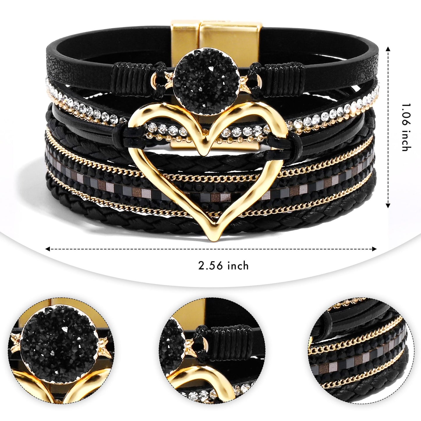 VIBILIA Boho Leather Wrap Bracelets for Women Heart Multi-Layer Bracelets with Strong Clasp Jewelry for Women-Black